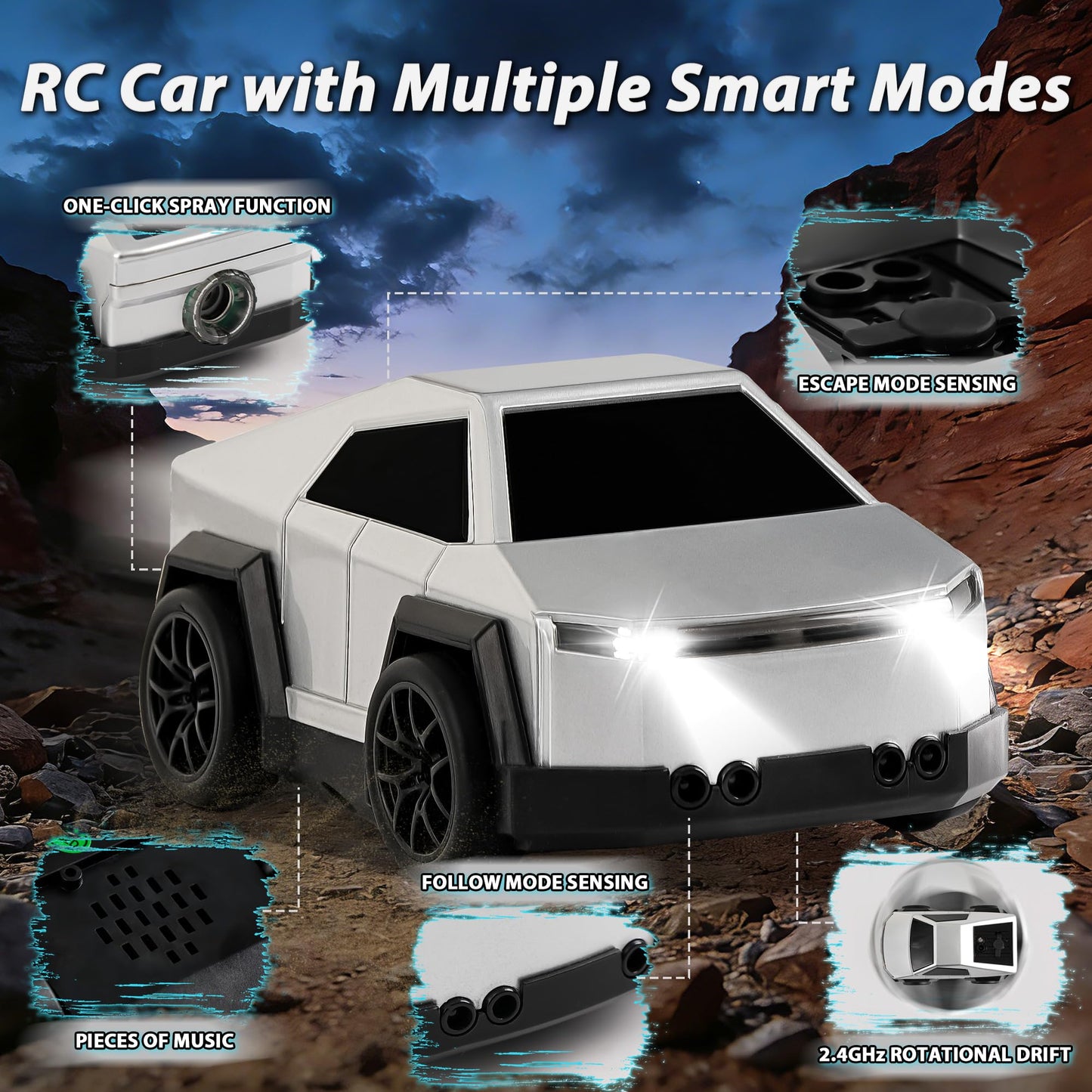 SANGQAOFU Remote Control Car Cyber-Inspired Rc Car Toys with Drift Spray & Follow and Escape Mode 2.4GHz Rc Truck Toys for Boys Cat Dog(Silver)