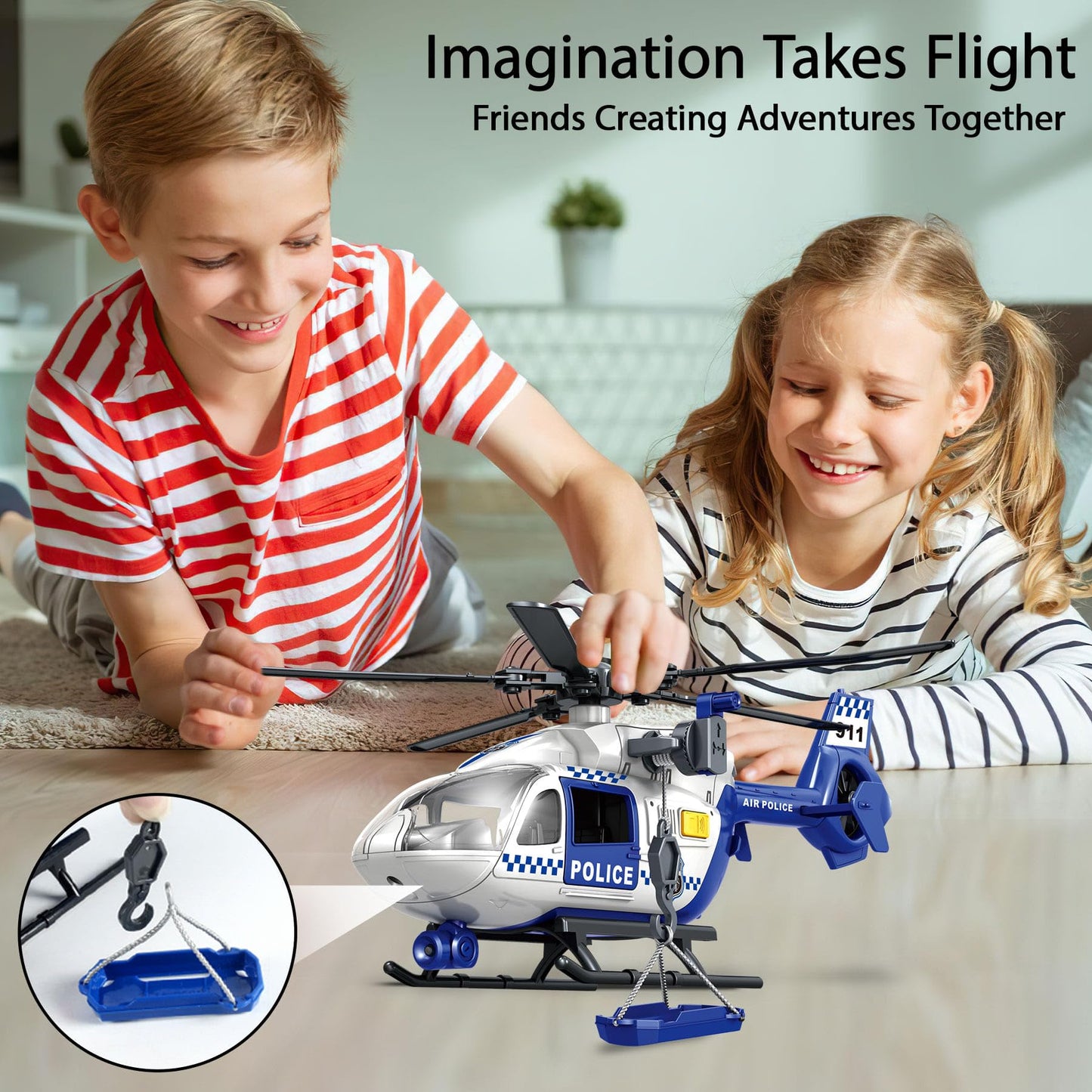 Police Helicopter Toys for Boys with Hanging Basket Toy Airplane Army Toys with Lights and Sound Rescue Vehicles Toys for Kids Aged 3 4 5 6 7