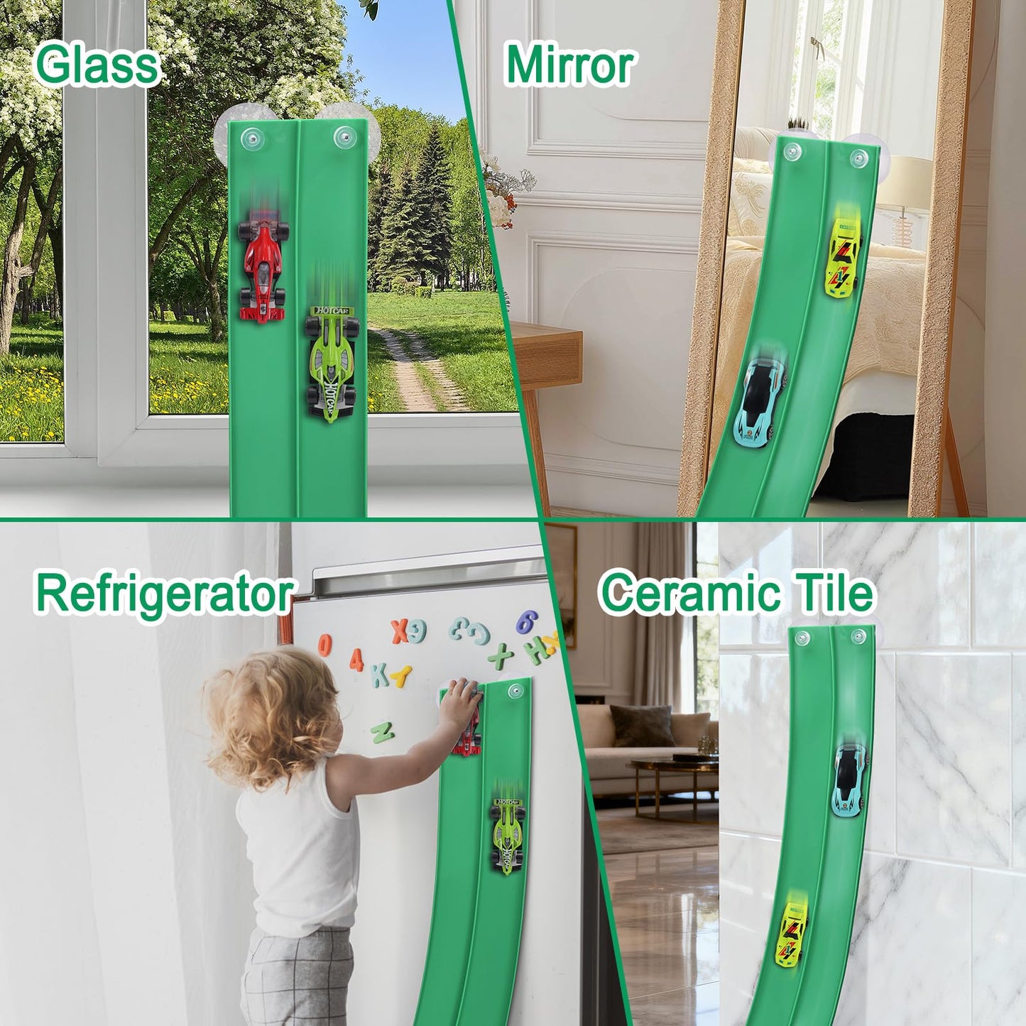 Flex Track Race Cars for Kids, Rubber Have Extra-Long 15.75ft is Customizable Race Track, with 4 Racing Cars and 6 Suction Cups, Flexible Race Track Easy to Store for Outdoor Play (Green)