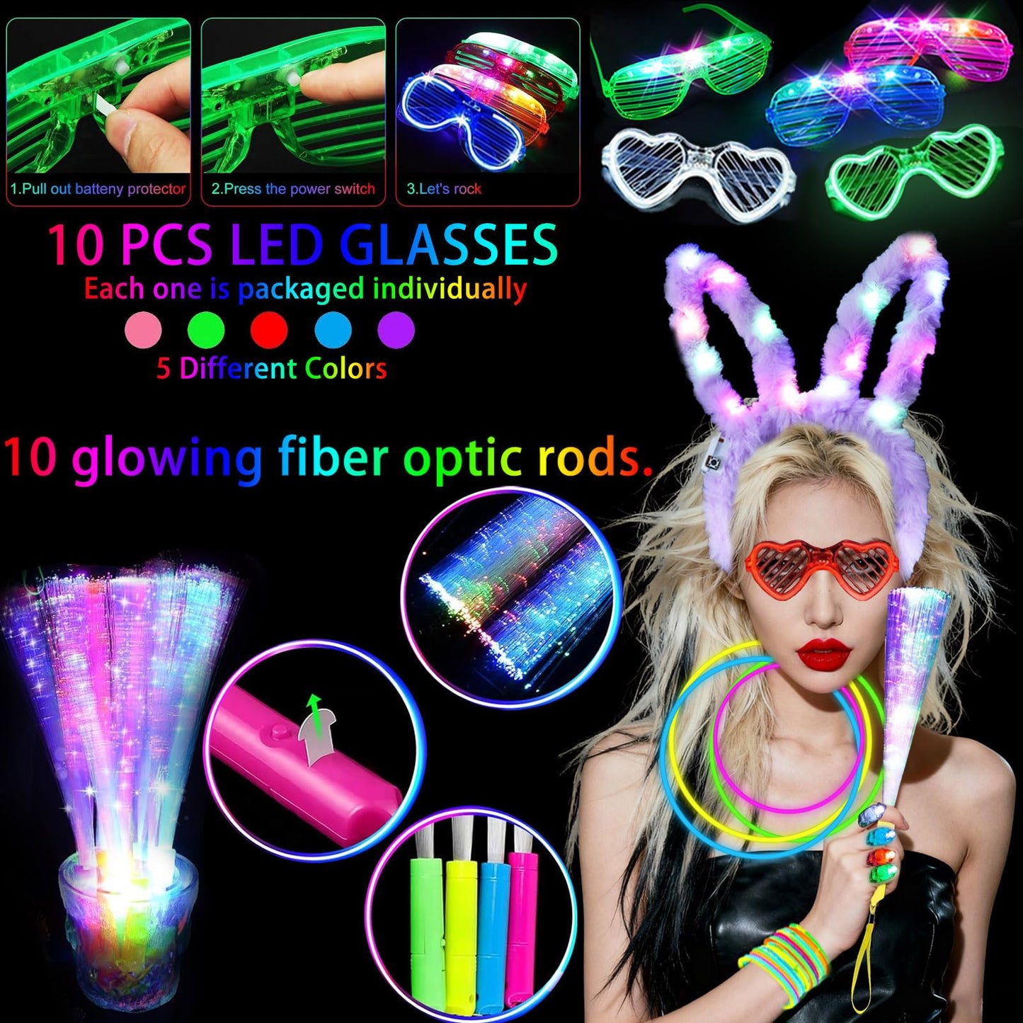 186 PCS Glow in the Dark Party Supplies,16 Foam Sticks,10 Glow Fiber Wands, 10 LED Glasses, 10 Glowing Rabbit Ears,100 Glow Sticks and 40 Finger Lights for Neon Party Birthday Carnivals Halloween