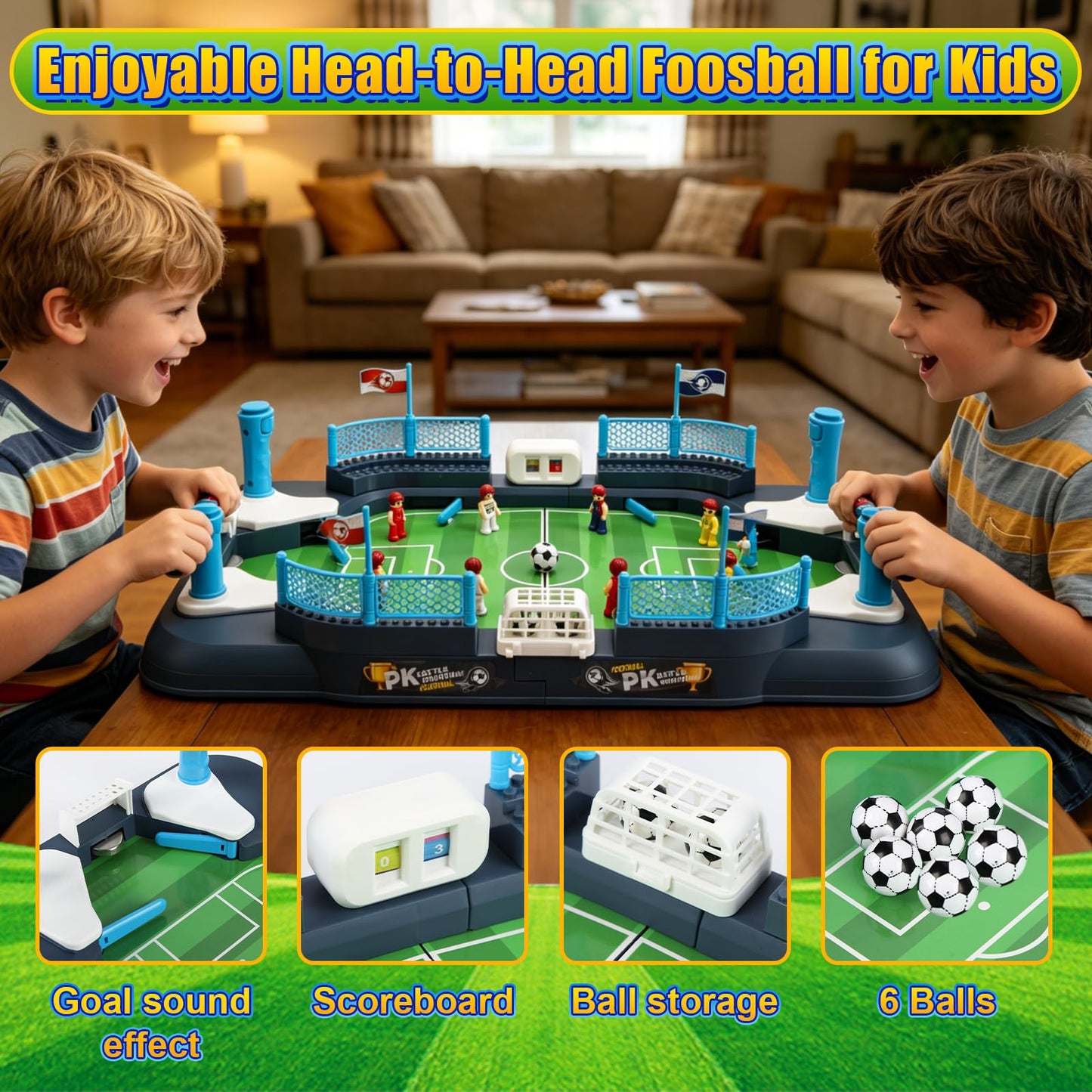 Mini Soccer Board Game for Kids 3-12, Foosball Table Toy for Age 4-8, Pinball Machine Toys for Boys 5-10 Years Old, Interactive Indoor Action Game with 6 Balls for Birthday Gift