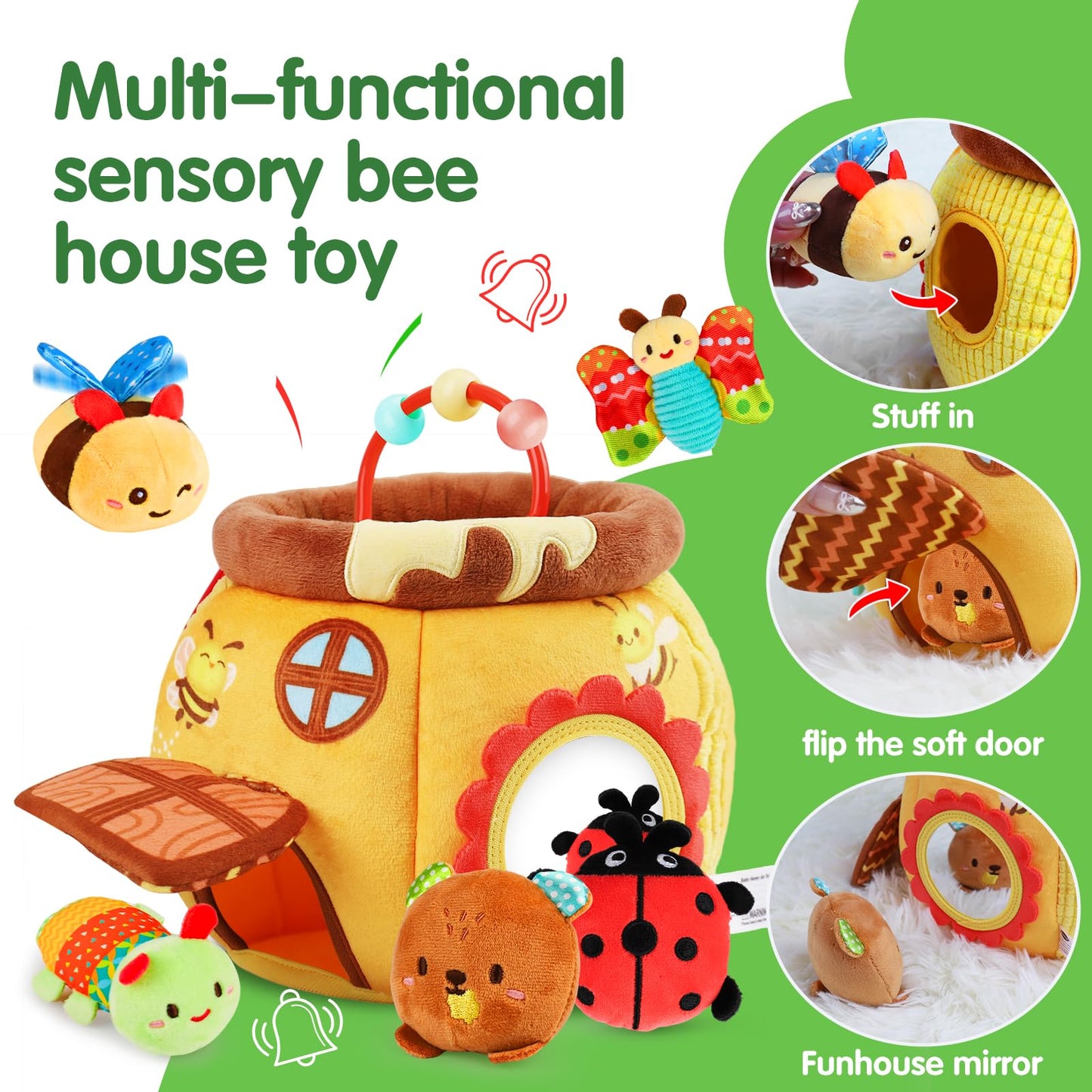 Thremhoo Baby Girls Toys 0-6 Month Music Animal Stuffed Caterpillar Toy & Soft Beehive with 5 Stuffed Animals, Rattle, Crinkle, Mirror, Montessori Sensory Toys