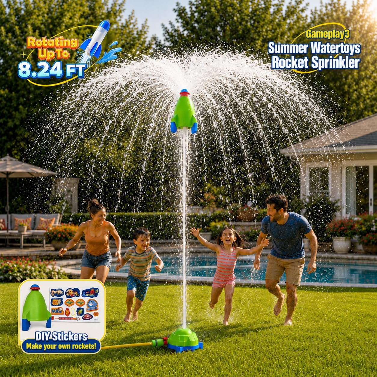 JKJRJJ 4-in-1 Water Sprinkler Toy for Kids,Backyard Outdoor Water Toys with Water-Spraying Rocket, Baseball Game, Rocket Launcher, Spinning Spray,Summer Yard Water Toys for Boys Girls Ages 4-12