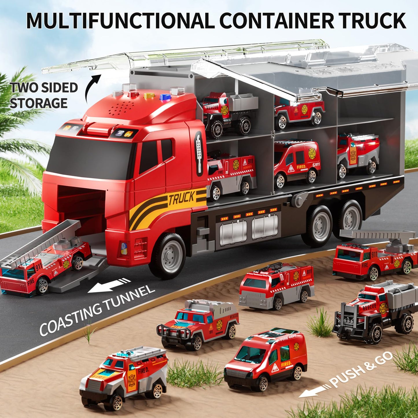 NIPLOOOW Toddler Boys Toys for 3-5 Years Old, Fire Truck Vehicle Set with Play Mat and Die-Cast Toy Car, Transport Carrier Truck for Kids 3-5, Birthday Gifts Toys for 3-8+ Year Old Boys