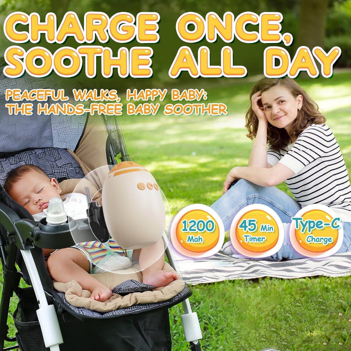 Hands-Free Baby Stroller Rocker Soother | Stroller Rocker Adjustable Vibration with 11 White Noises - Rechargeable Portable Baby Calming Device Universal Accessory for Strollers & Cribs