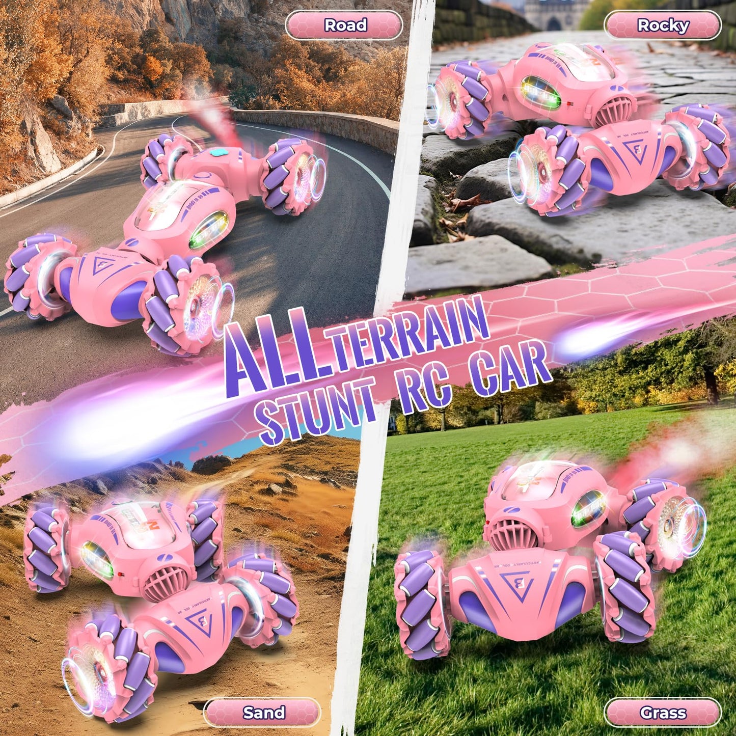 Fosgoit Pink Remote Control Car Toys Gifts for Girls 6-12, with Light & Music & Spray, 2.4Ghz 4WD Double-Sided 360° Rotating Gesture Sensing RC Stunt Car, Birthday for Girls Kids