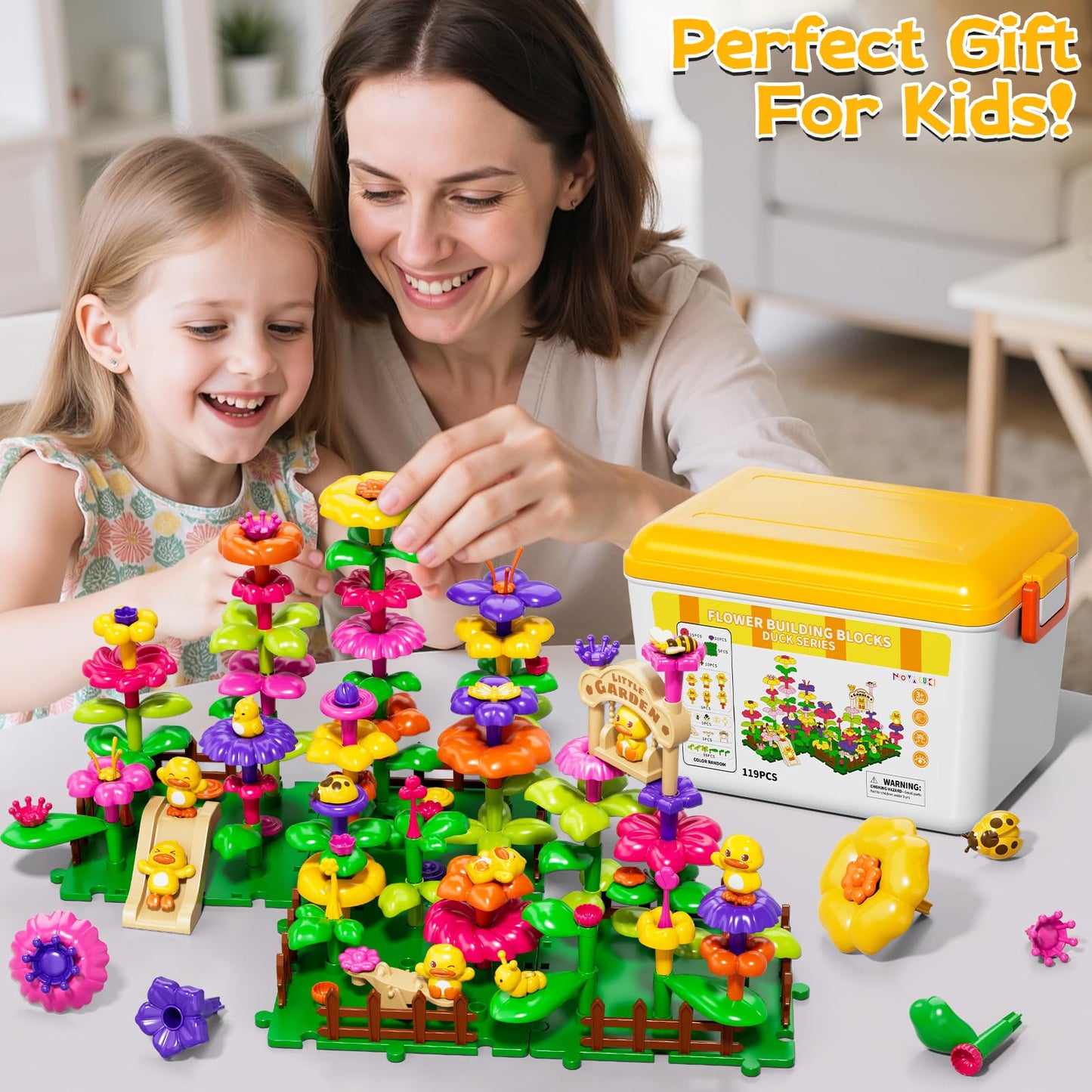 Novaluki Flower Garden Building Toys for Toddler 3 4 5 6 7 Years Old, 119Pcs DIY Stacking Toys with Storage Box, Kids STEM Preschool Educational Toy, Christmas Birthday Gift for Girls Ages 3-5