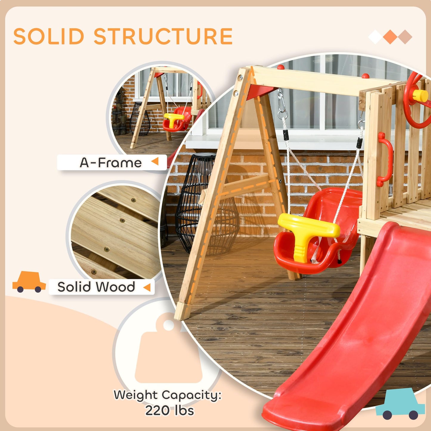 Outsunny Swing Set for Backyard, Wooden Toddler Outdoor Playset with Baby Swing Seat, Kids Slide, Fort, Playground Equipment with Captain's Wheel, Telescope for Ages 1.5-4, Red