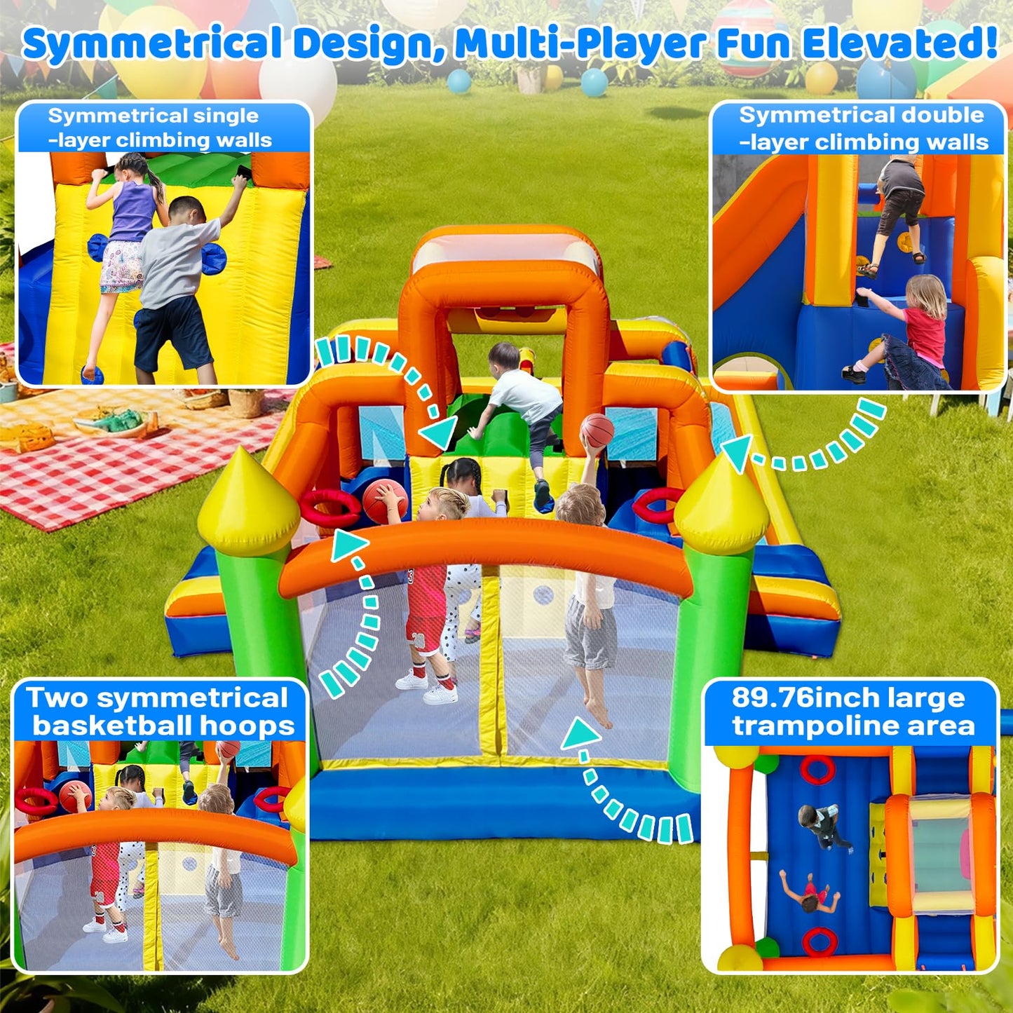Umbalir 19x13FT Water Slide with 3 Climbing Walls, Jumbo Pool, Water Park with 2 Stair-Steps & Back Rock Wall, 2 Overhead Sprinklers & Water Cannon, 99" Long Slide, Multi-Kid Racing Bounce House