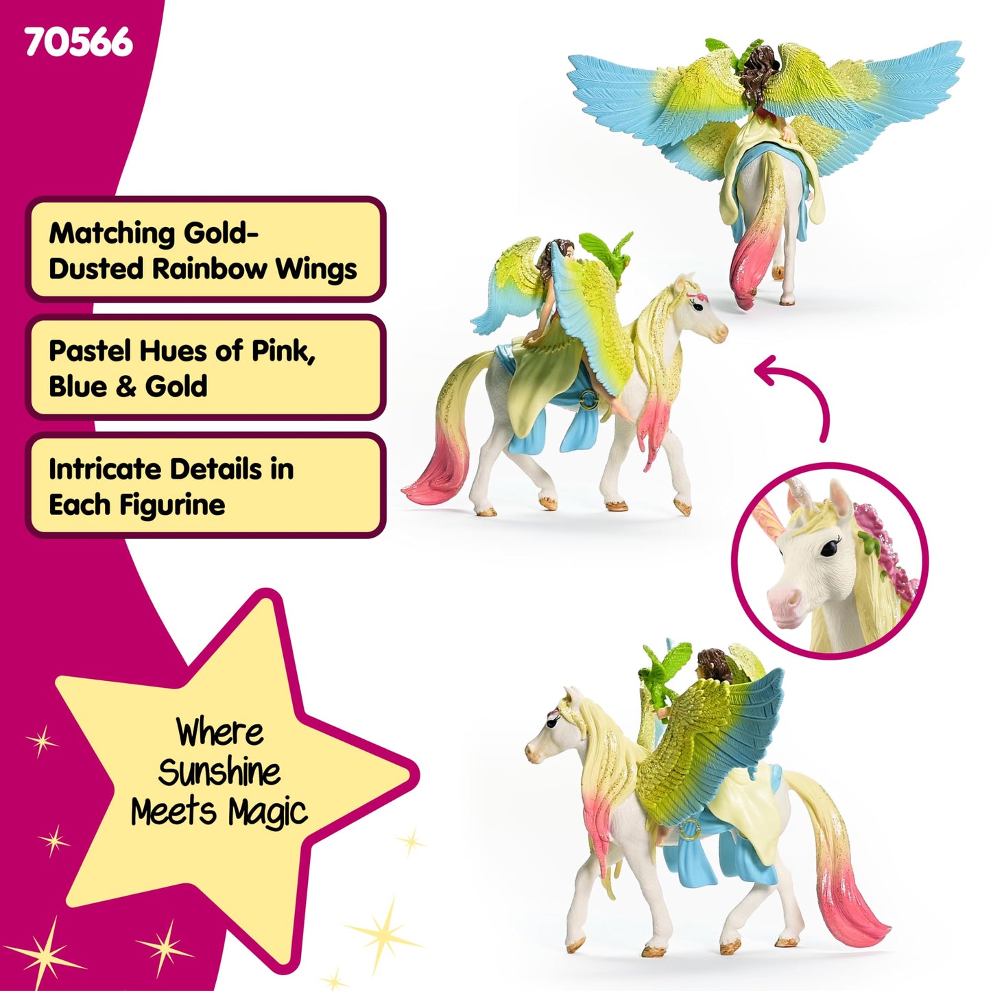Schleich Bayala - 3 PC Surah and Pegasus Fairy Toy Set - Poseable Fairy Figurine, Unicorn Figure with Magnetic Saddle - Fantasy Playsets for Girls and Boys - Imaginative Play for Kids Ages 5+ | 70566