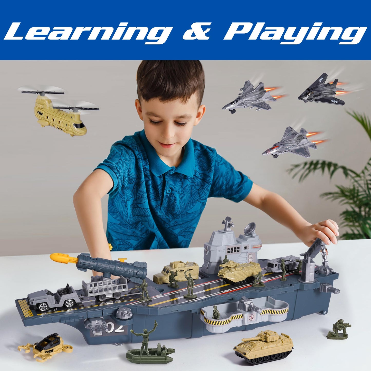 Military Aircraft Carrier Toys, Army Toys with 10 Vehicles, Fighter Jet Helicopter Tanks and Army Men Action Figures Toy for Kids Boys Girls