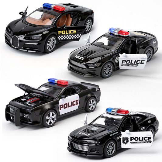1/36 Metal Diecast Police Car Toy Set,4 Pack Police Pull Back Toy Cars with 3 Opening Doors & 1 Hood Model Boys Cars Toy for Kids Ages 3 4 5 6 7 8 9 10 11 12 Years Old