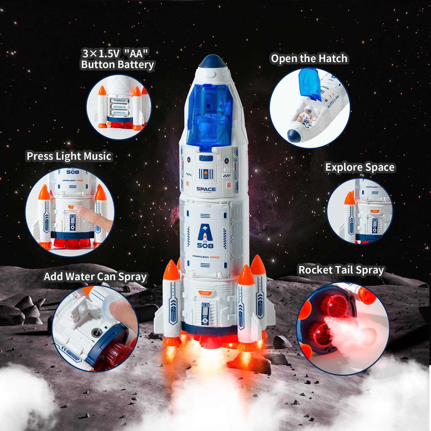 Wbzle Rocket Ship, Space Shuttle Astronaut & Space Adventure Toys,Science Educational Rocket Toys for Kids 3-5 - Lights/Music/Spray