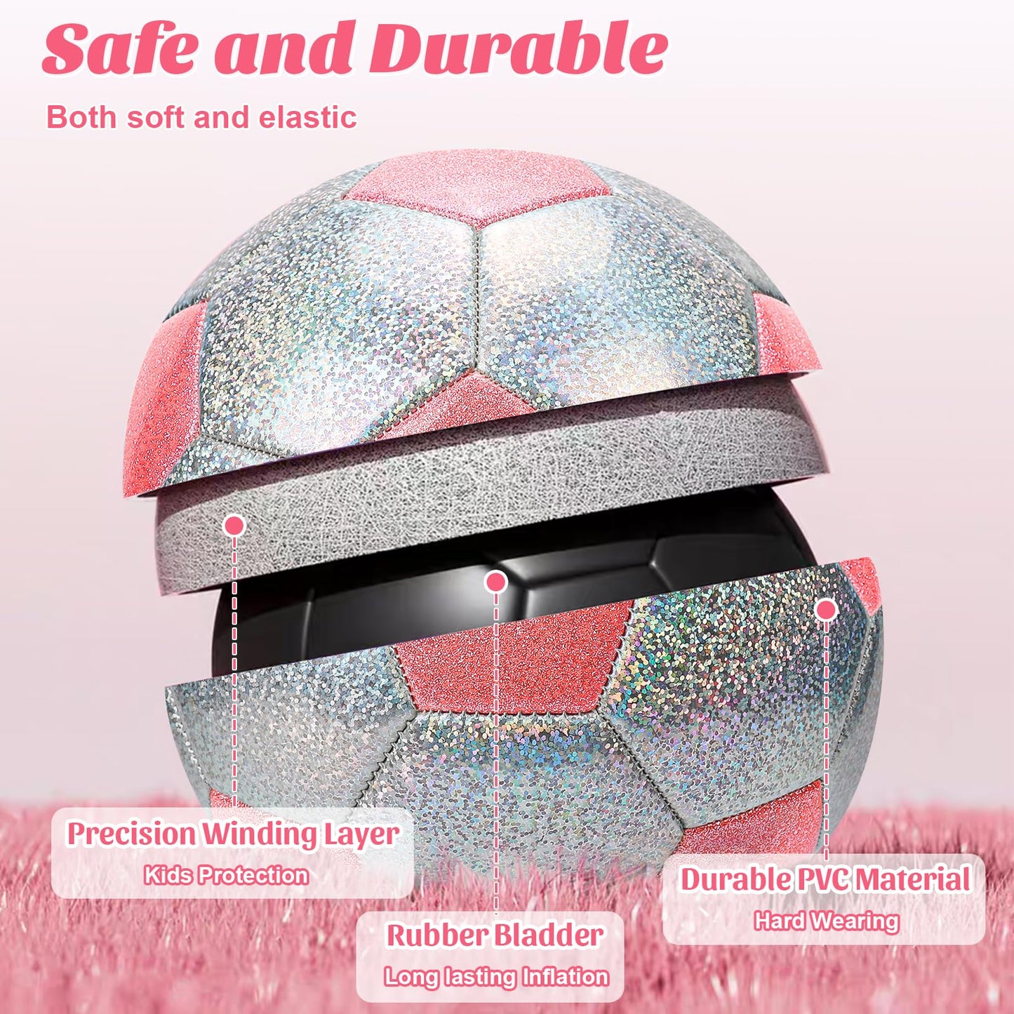 OKWUYiK Soccer Ball Size 3 Glitter Pink & Silver Spliced with Pump Toddler Soccer Ball for Kids Aged 3-6 Outdoor Training Ball for Girls Boys Children Youth Teens (Pink & Silver Spliced, 3)