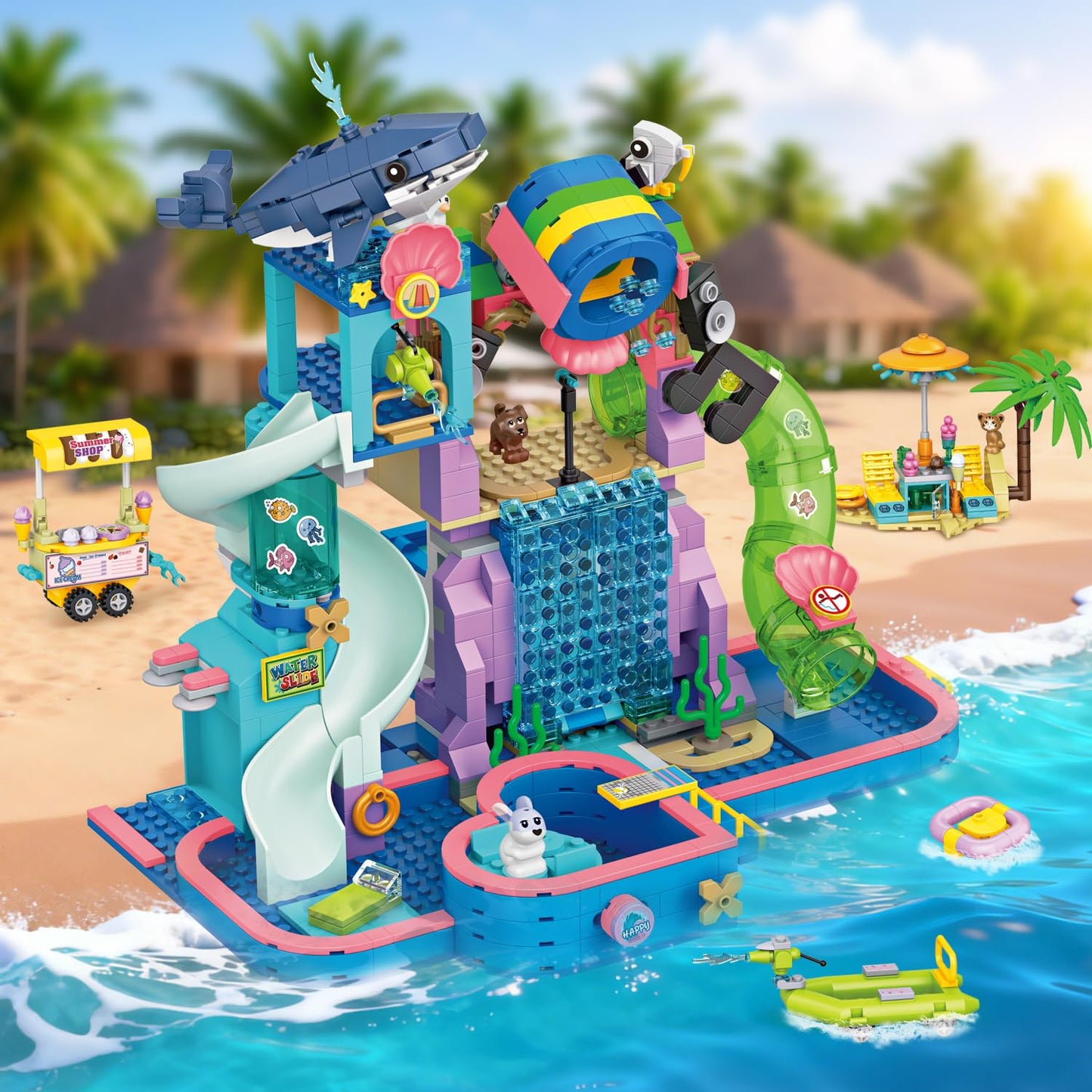 WinGift 1150Pcs Friends Water Park Building Set, STEM Summer Fun Party Toy with Swimming Pool Slides,Water Canons,Diving Platform,Animal, Pretend Play Kit for kids, Birthday Gifts for Girls Ages 6-12+