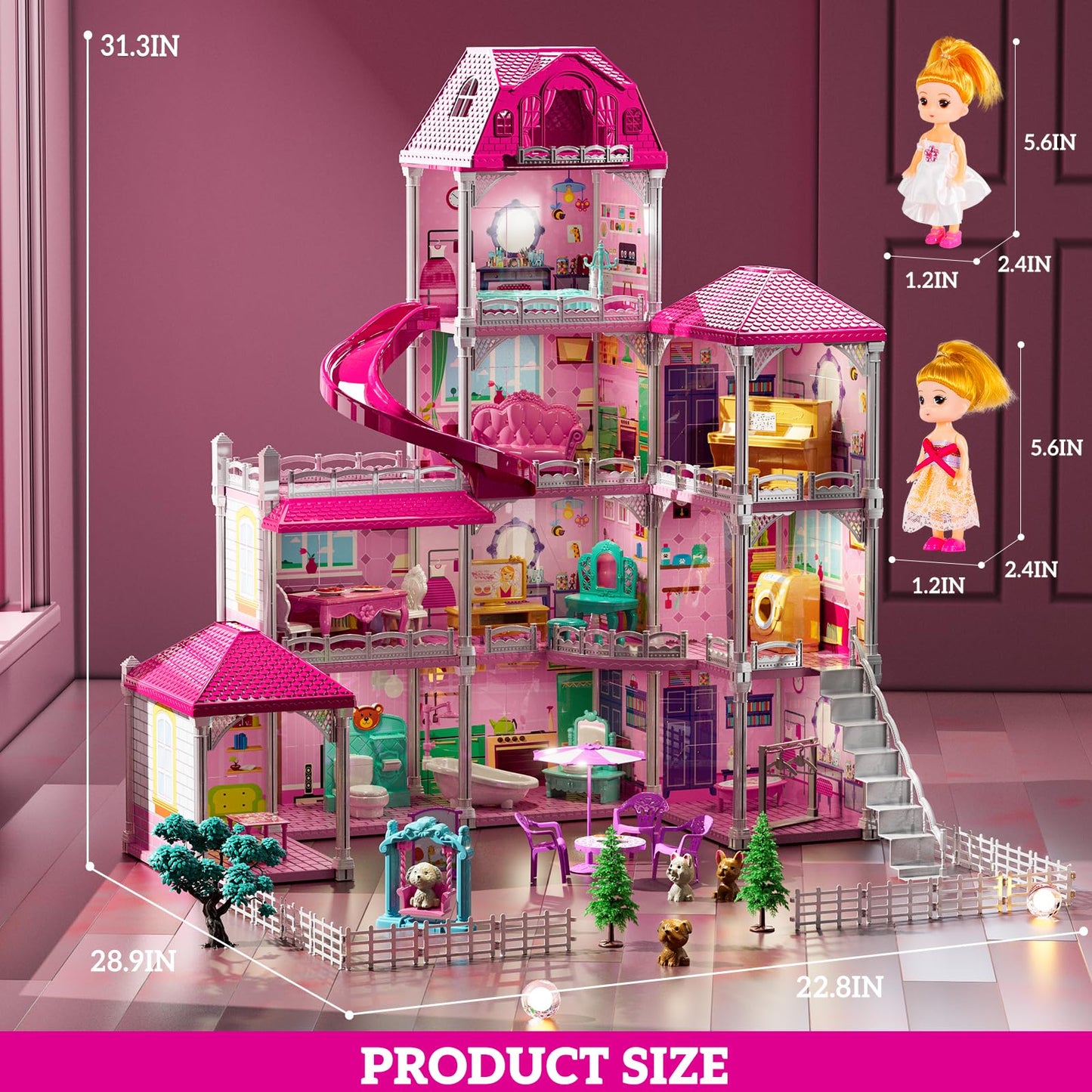 JUKUDAHU Villa Playset for Girls Ages 3-7, 4-Storey House with 10 Rooms, 2 Dolls, Furniture and Accessories, Indoor Playset Girls Toys for Ages 6-8, Pretend Toddler Toys, Birthday Gifts for Kids 4-8