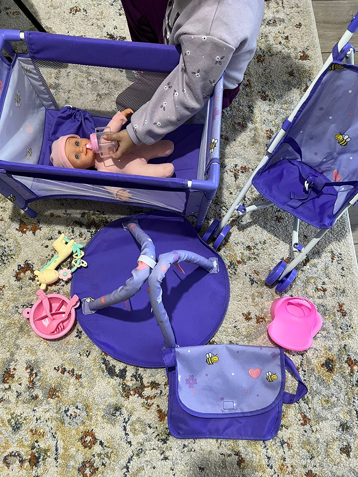 ANIVIA Baby Doll Stroller Set - Includes Stroller, Crib, Play Mat, Feeding Toy, Diaper Bag - Nursery Role Play Set (11" Doll Included)