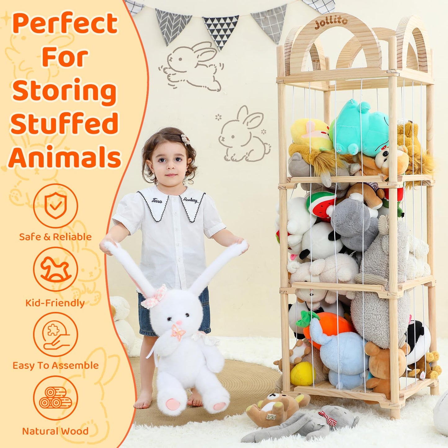JOLLITO Stuffed Animal Storage Organizers,Large Capacity Wooden Cute Plushies Toy Zoo Holder and Storage for Toddler Rooms, Playrooms & Bedrooms