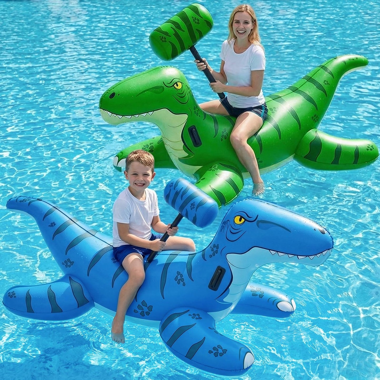 Jasonwell Pool Games Toys Floats -2Pack Inflatable Dinosaur Pool Floats with Blow Up Toy Hammers Ride on Pool Floaties for Kids Teens Adults Lounge Raft Summer Lake Beach Party Decorations (GN&BU XL)