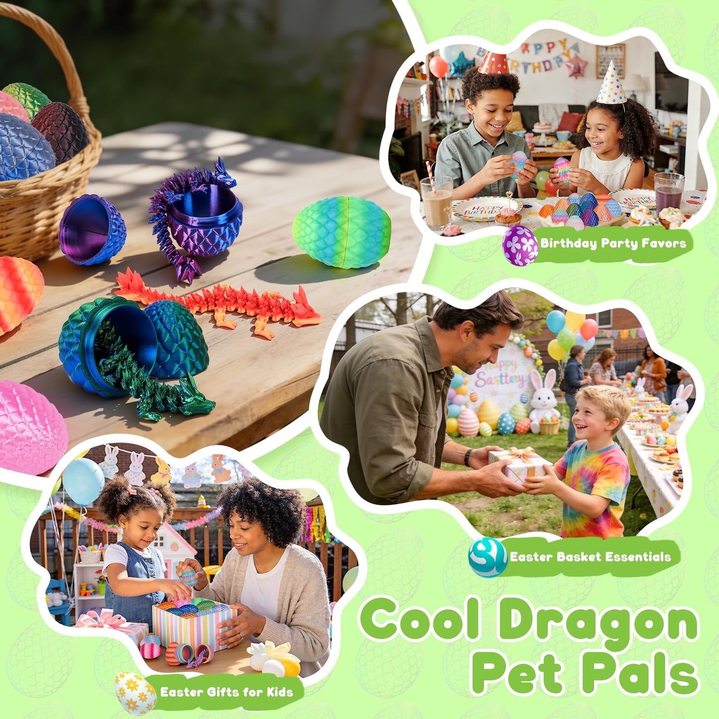TBOLINE 24 Pack 3D Printed Dragon Egg, Articulated Crystal Animals Dragon Fidget Toys with Basket & Stickers, Small 3D Printer Dinosaur Eggs Party Favors Classroom Prizes for Kids Boy 5-7 8-12