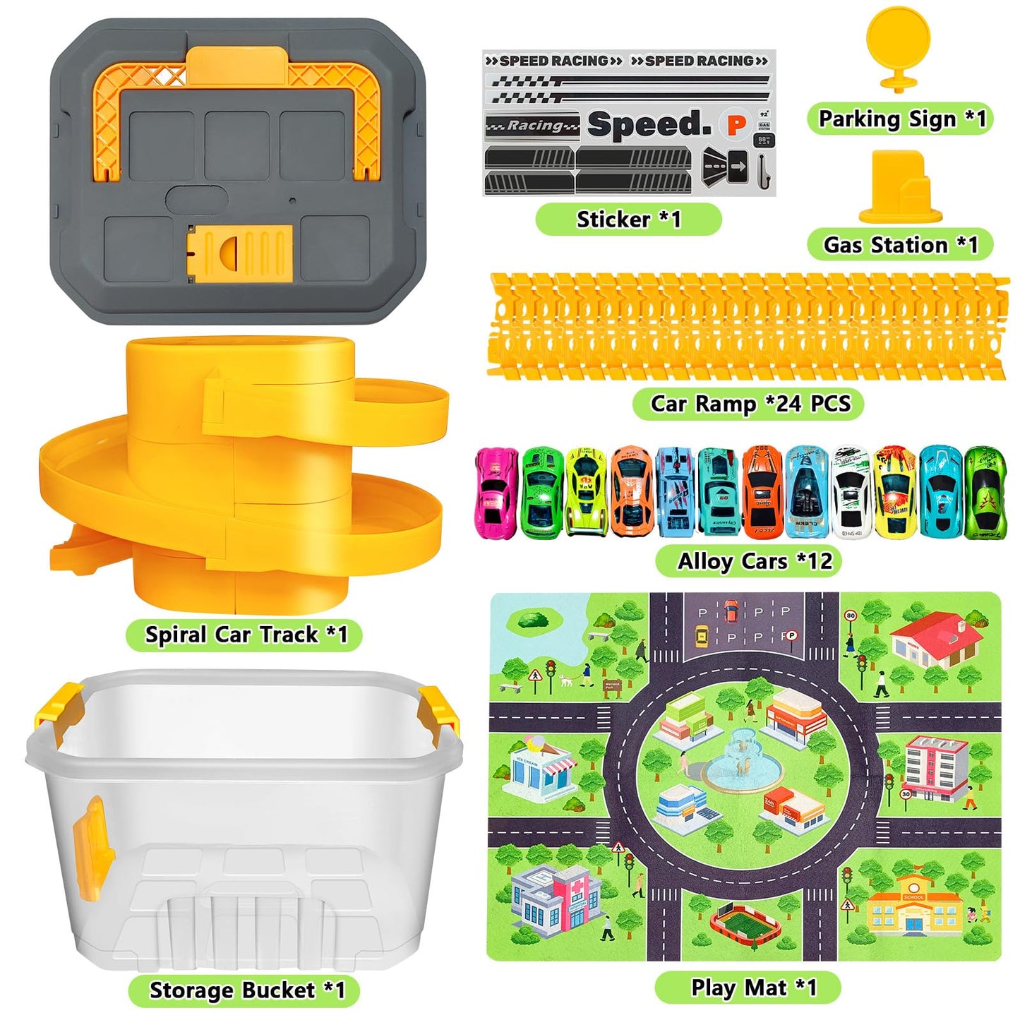 Toy Car Track Storage Playset - Car Toys Race Set Including 12 Diecast Cars, PlayMat, Race Tracks, Car Ramp, Kids Birthday Gift Toys for 2 3 4 5 Year Old Boys 1-3 2-4 Toddlers