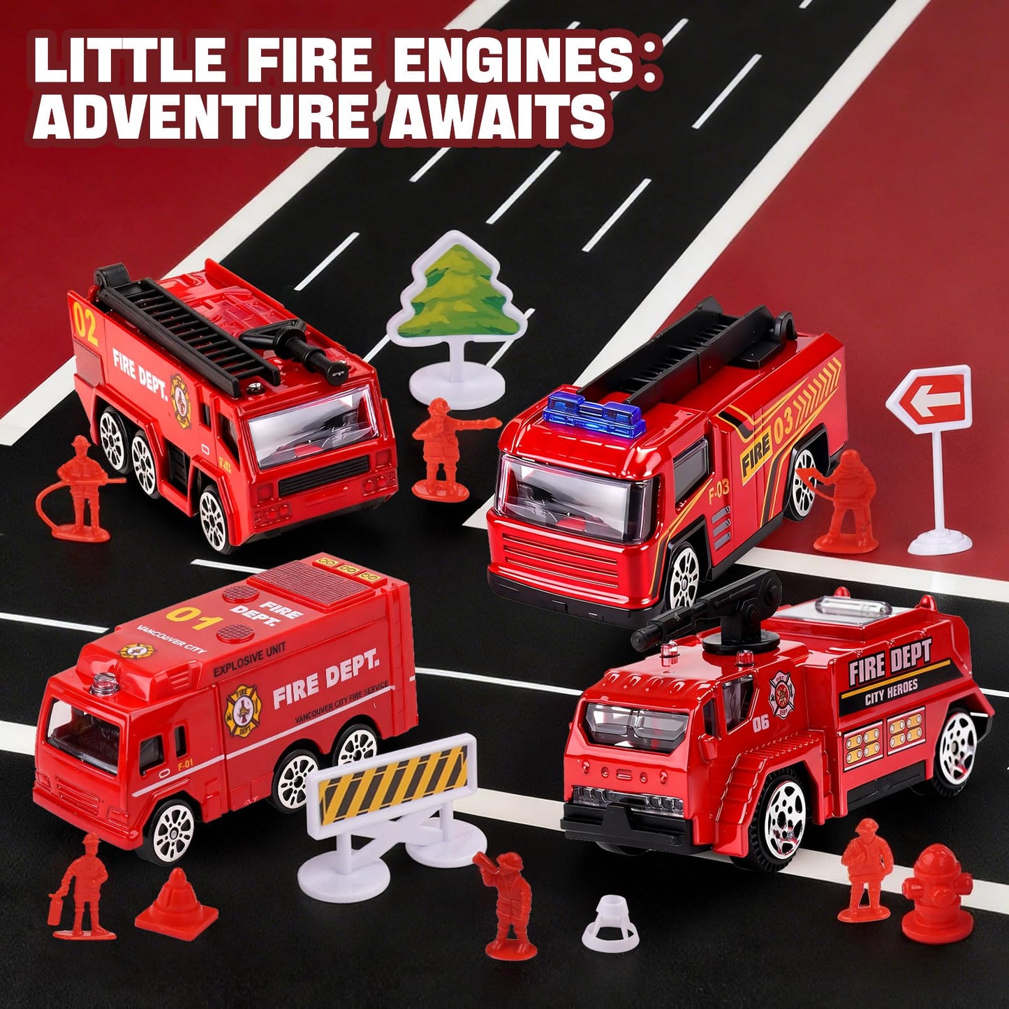 LESSETI Fire Truck Toy with Water-Spraying, Lights & Sirens for Kids, Includes Large Parking Garage, 4 Mini Vehicles, Launching Tracks, Action Figures & Traffic Signs
