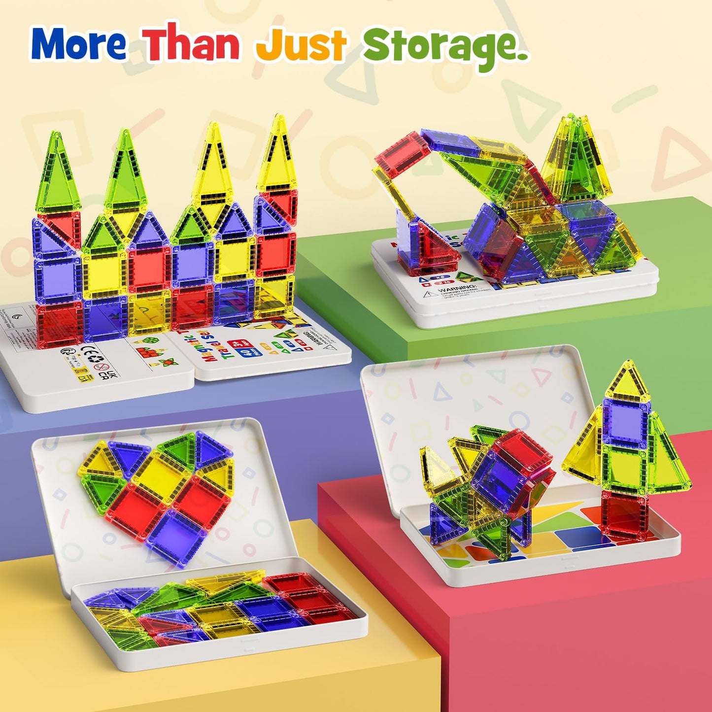 Mini Magnetic Tiles for Kids Travel - 40pcs STEM Building Blocks with Visual Storage Guide & Metal Box Play Base, Toddler Airplane Activities Toys for Ages 3-5,4-8, Compact Travel Toys