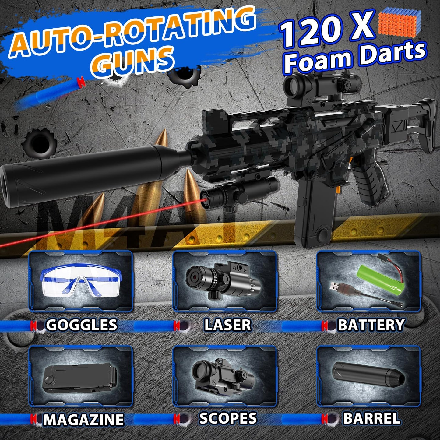 Automatic Toy Foam Blaster Sniper with Scope, Electric Toy Dart Blaster with 120 Foam Darts, Goggles, Air Pocket Technology Outdoor Shooting Game Kids Toys for Ages 8-12 Boys Girls