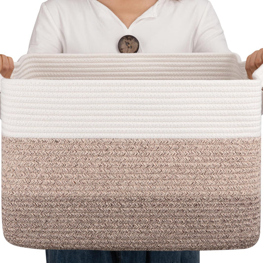 OIAHOMY Cotton Rope Basket, Rectangle Woven Baskets for Storage, Nursery Blanket Storage Living Room, Toy Basket With Handle-17.7”x13.8”x11”-Gradient Yellow