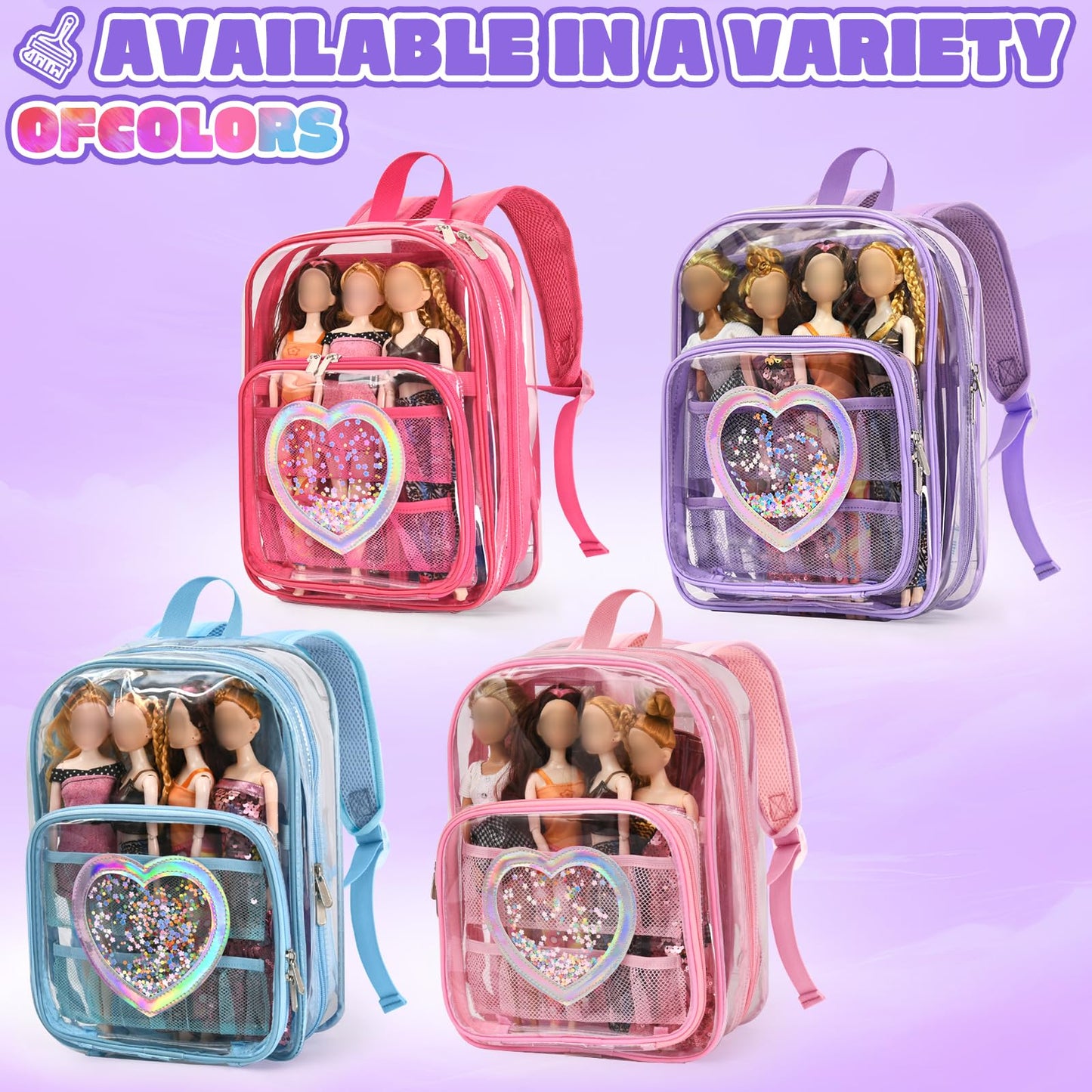 Backpack Compatible with Barbie Dolls 12-Inch, Transparent Storage Box, Barbie Doll Display Holds up to 6 Dolls, Display Pockets for Doll’s Clothes, Accessories, Bag Only (Lavender)