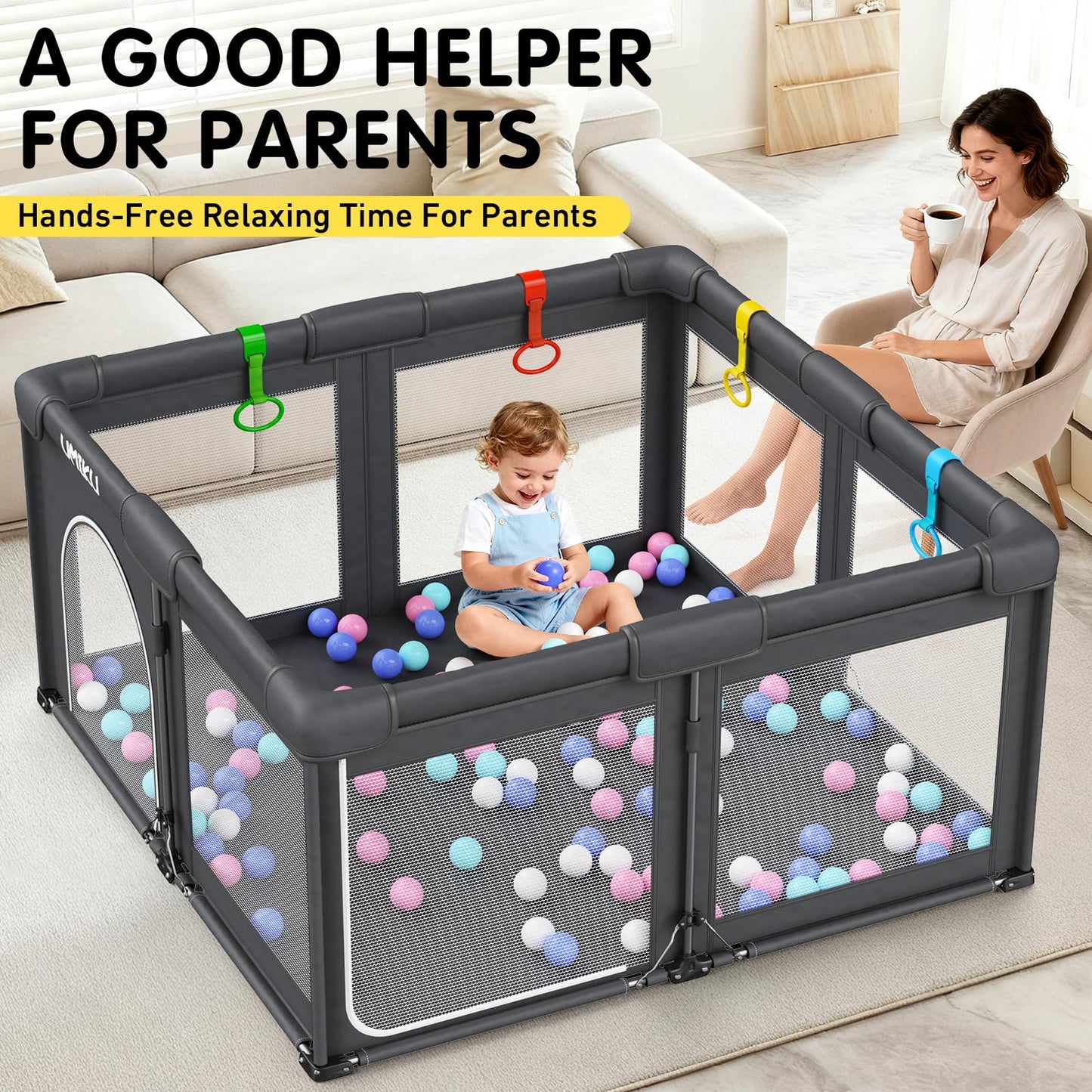 Baby Playpen Foldable Playpen for Babies and Toddlers, Large Playpens Portable Play Pen Play Yard for Kids Fence Indoor Outdoor Travel 4 Handlers 50 Balls Baby Gifts Essentials 50"X50" Dark Grey
