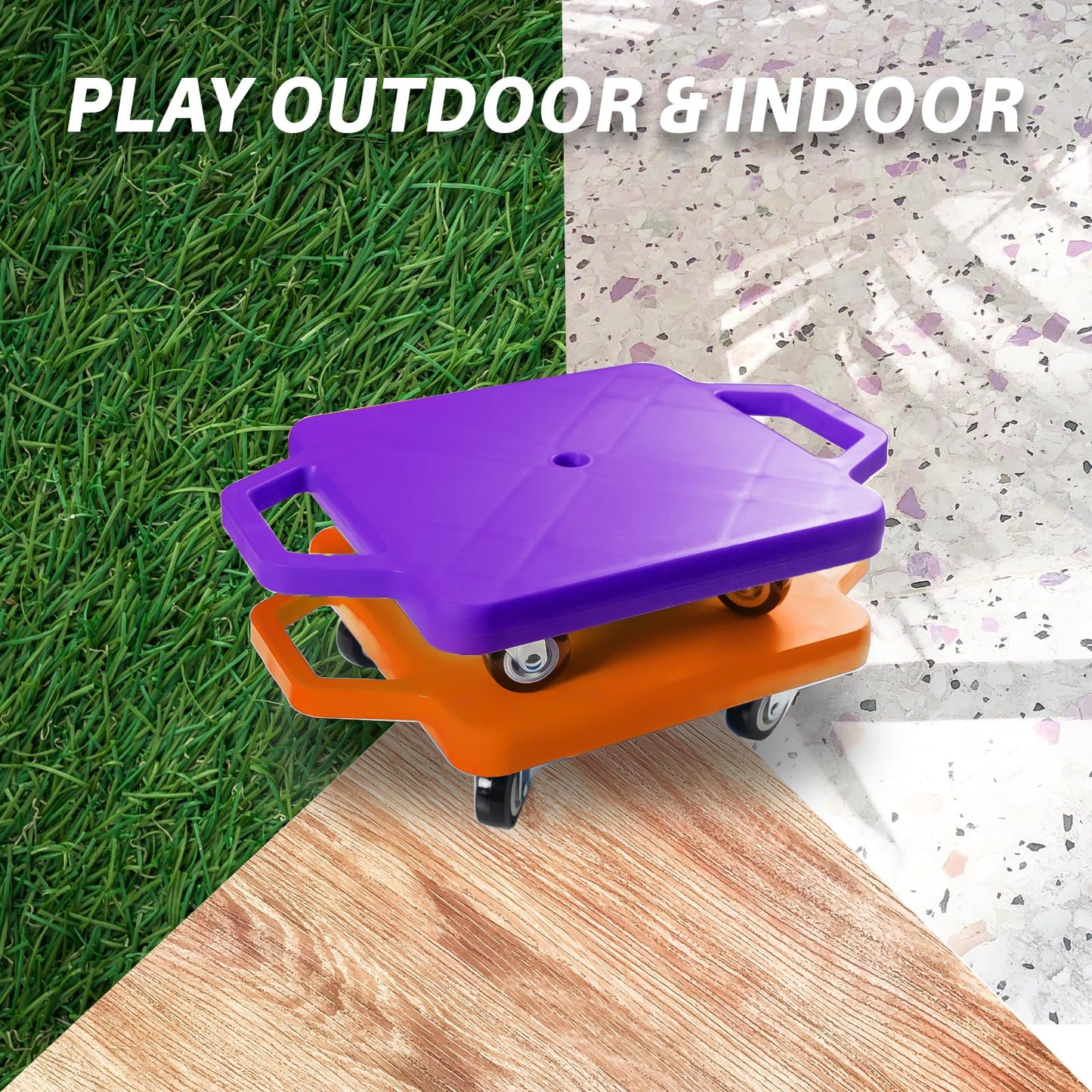 romrex 2 Plastic Scooter Boards with Handles for Kids Sitting and Sports Training, with 1 Ring, 2 Ropes and 4 Beanbags, Indoor and Outdoor Play