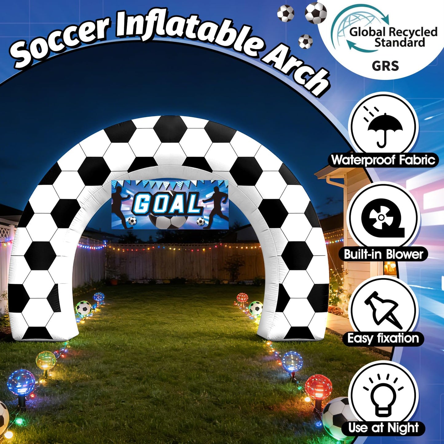 8FT Giant Soccer Inflatable Arch, Match Day Viewing Party Decorations for Fans, Soccer Sports Tournament Game Day Photo Backdrop with 1 Blower, 2 Banners & 3 LED Lights, Birthday Party Blow-Up Decor
