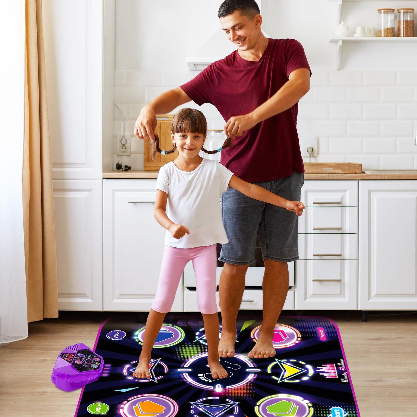 Kusntin Dance Mat, Dance Mixer Rhythm Step Play Mat, Pink Dance Pad with LED Lights, Adjustable Volume, Built-in Music, 5 Game Modes, Xmas Birthday Gifts for 3-10 Years Girls Toys (Purple-Black)