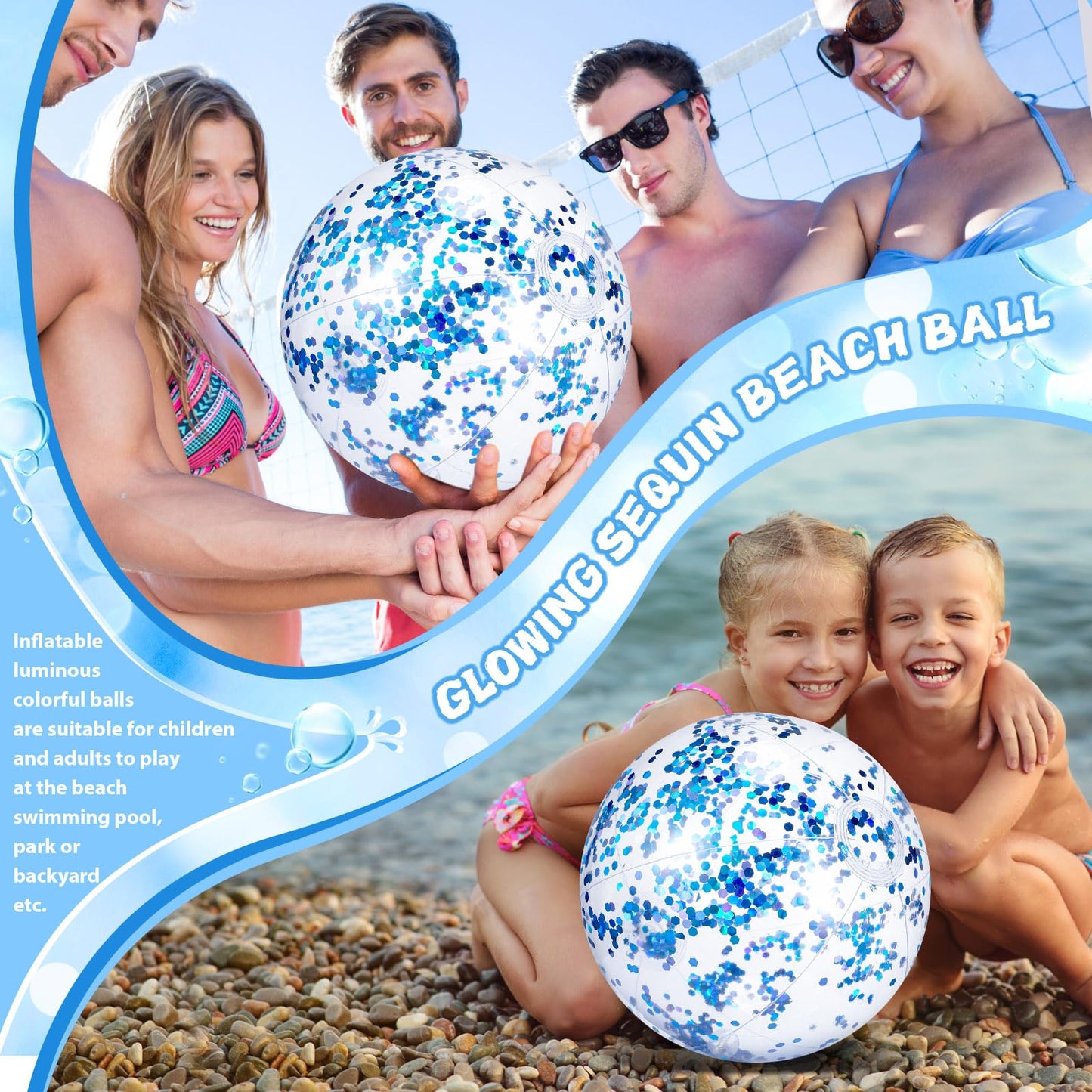 Vertintong 12 Pack 12 Inch Glow in The Dark LED Beach Ball Jumbo Confetti Glitters Inflatable Ball Swimming Pool Game for Party Pool Summer(Blue)