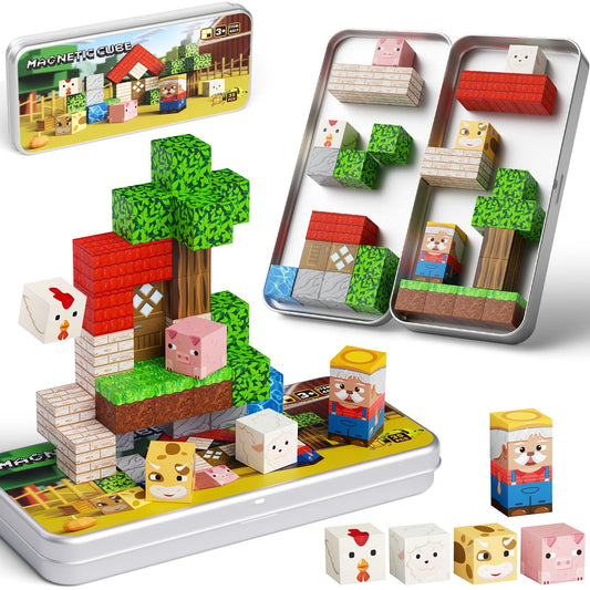 JSDKFJSA Mini Magnetic Blocks Farm Animals - 35 PCS Travel Magnet Building Blocks for Toddlers - STEM Educational Magnet Toys with Portable Iron Box for Kids Ages 3-8 Years Old Boys & Girls