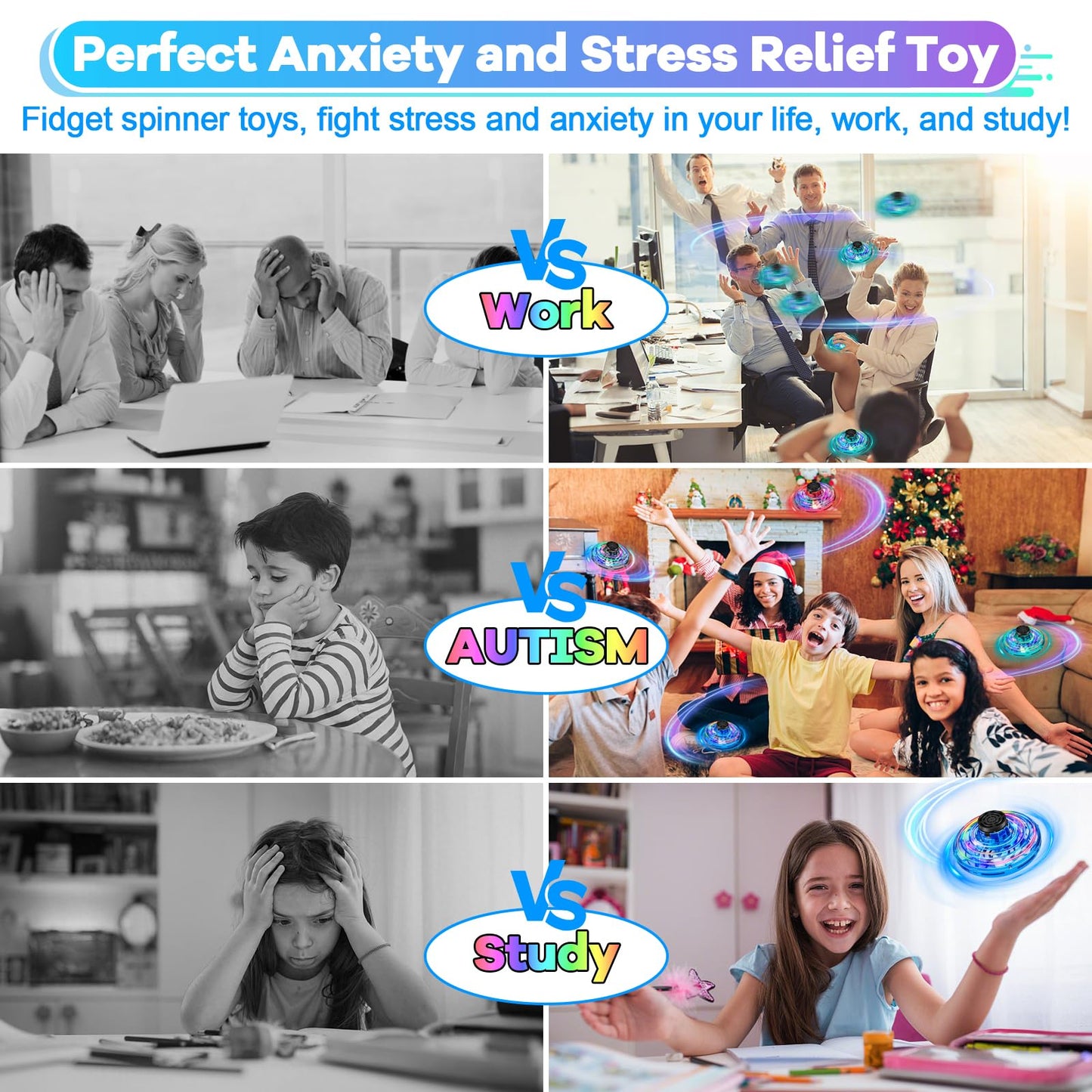 Vantexi Drone for Kids Flying Toys, 2026 Upgrade LED Fidget Spinner, Hand Operated Fidget Flying Spinner Toy for Indoor Outdoor, Christmas Birthday Gifts for 6 7 8 9 + Year Old Boys Girls