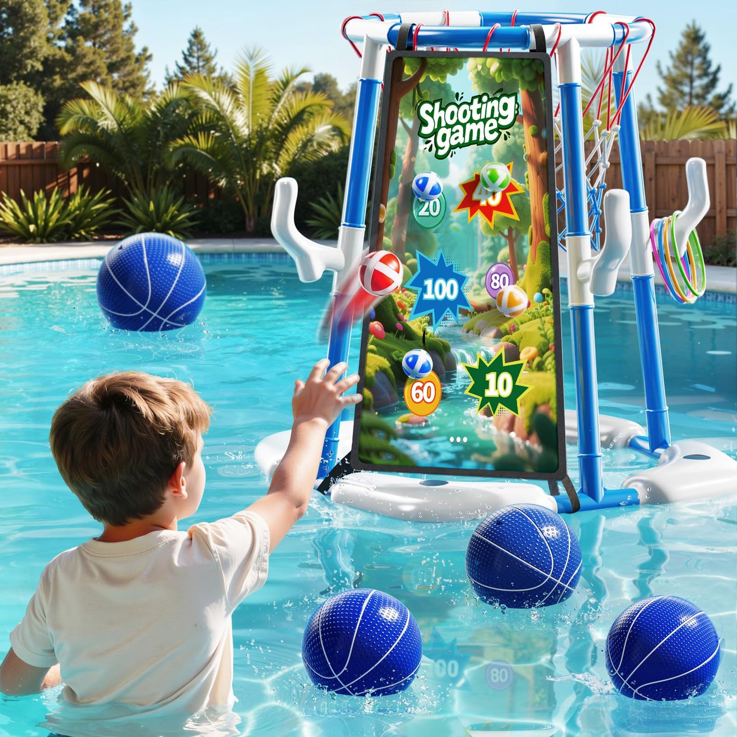 NIPLOOOW Pool Basketball Hoop, 4-in-1 Floating Pool Toys Ring Game with 4 Balls, Air Pump Launcher and Sticky Balls, Outdoor Swimming Pool Basketball Game Water Toy Family Party for Kids Age 3-12