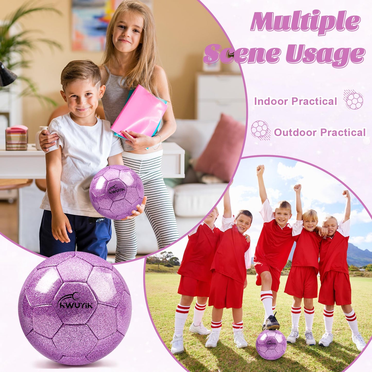 OKWUYiK Size 4 Glitter Purple Soccer Ball Set with Pump Youth Soccer for Kids Aged 6-8 8-12 Toddler Outdoor Training Ball Soft Sports for Back to School Sports Outdoor