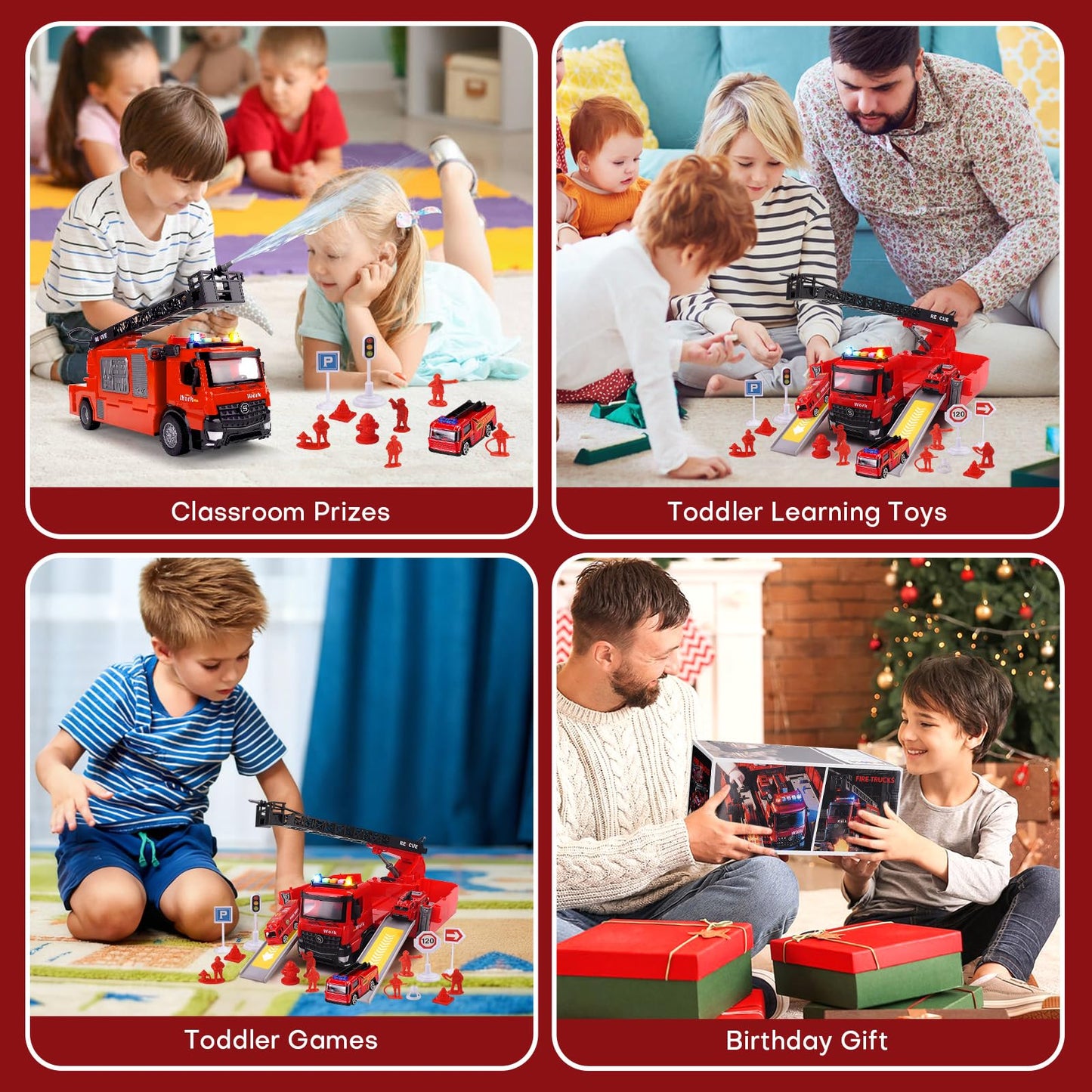 LESSETI Fire Truck Toy with Water-Spraying, Lights & Sirens for Kids, Includes Large Parking Garage, 4 Mini Vehicles, Launching Tracks, Action Figures & Traffic Signs