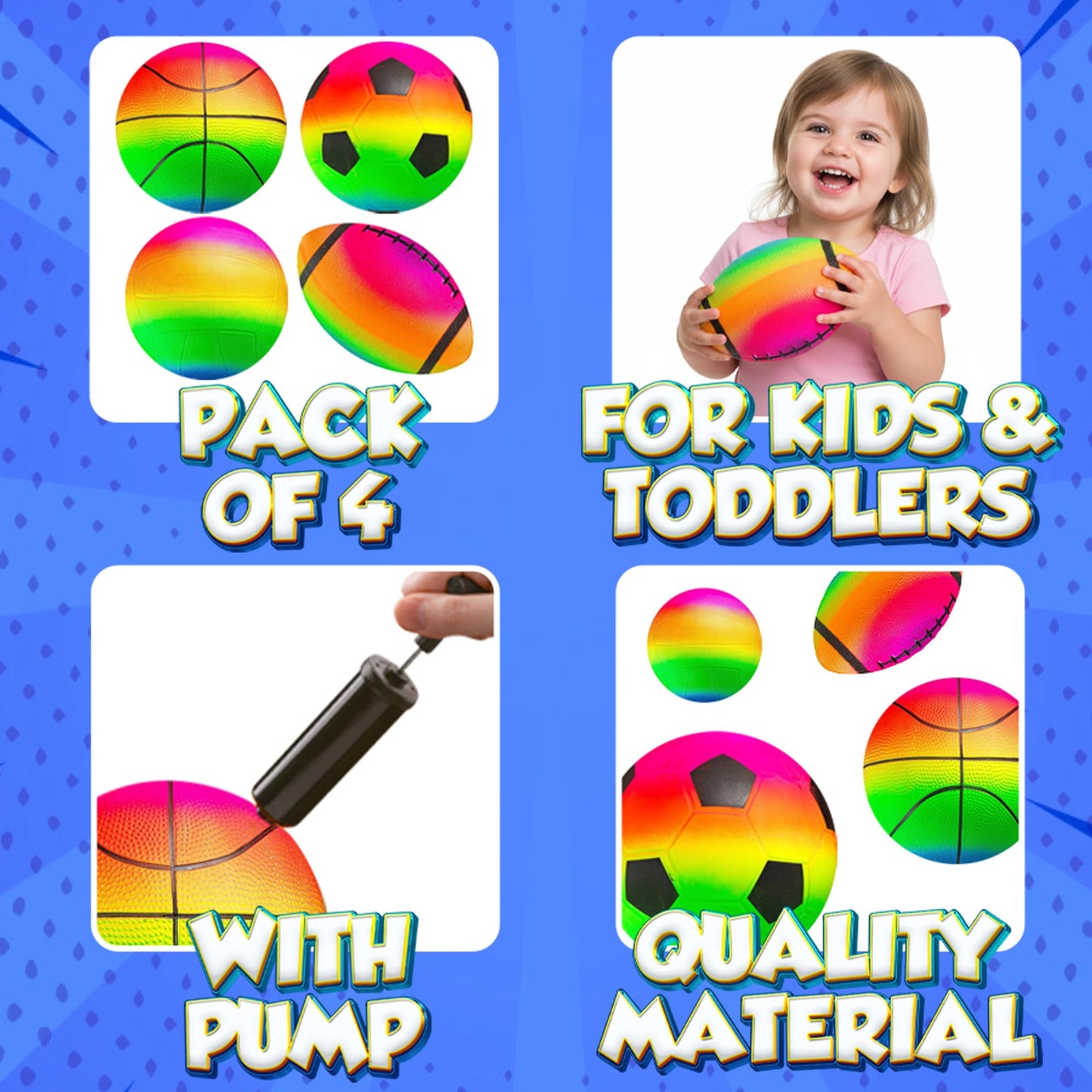 PlayBolt Sports Ball Set (4 Pack) - 5-Inch Rainbow Mini Basketball, Soccer, Football & Playground Balls w/Hand Pump - Fun Indoor Outdoor Toys for Toddlers, Little Kids, Preschoolers & Early Play