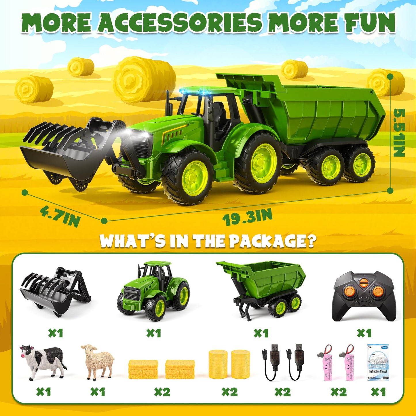 Funwee RC Farm Tractor Toy w/Light & Music, Kids Trailer Toy w/Front Loader & Farm Animal, 2.4GHz RC Tractor Truck Car for Boys & Girls, Toddler Vehicle Playset Age 3-8+ Year Old Gifts (Green)