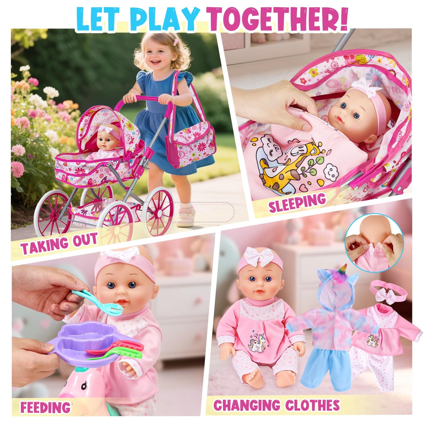 Golray 12 in Baby Doll Toys Set with Stroller for 3 4 5 6 Year Old Girl - 26pcs Babydoll with Accessories Rocking Horse/2 Clothes, Feeding Nursing Pretend Play Toddler Girl Toy Gift 3-5-7