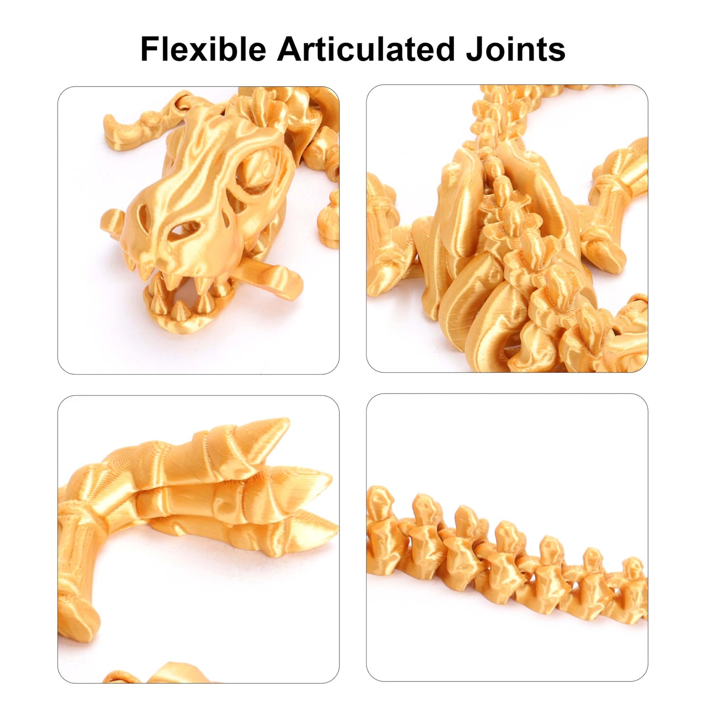 FunisFun 3D Printed Dragon with Articulated Bones for Adult, 3D Printed Dinosaur Fidget Toys Decor for Stress Relief (Gold, 1P)