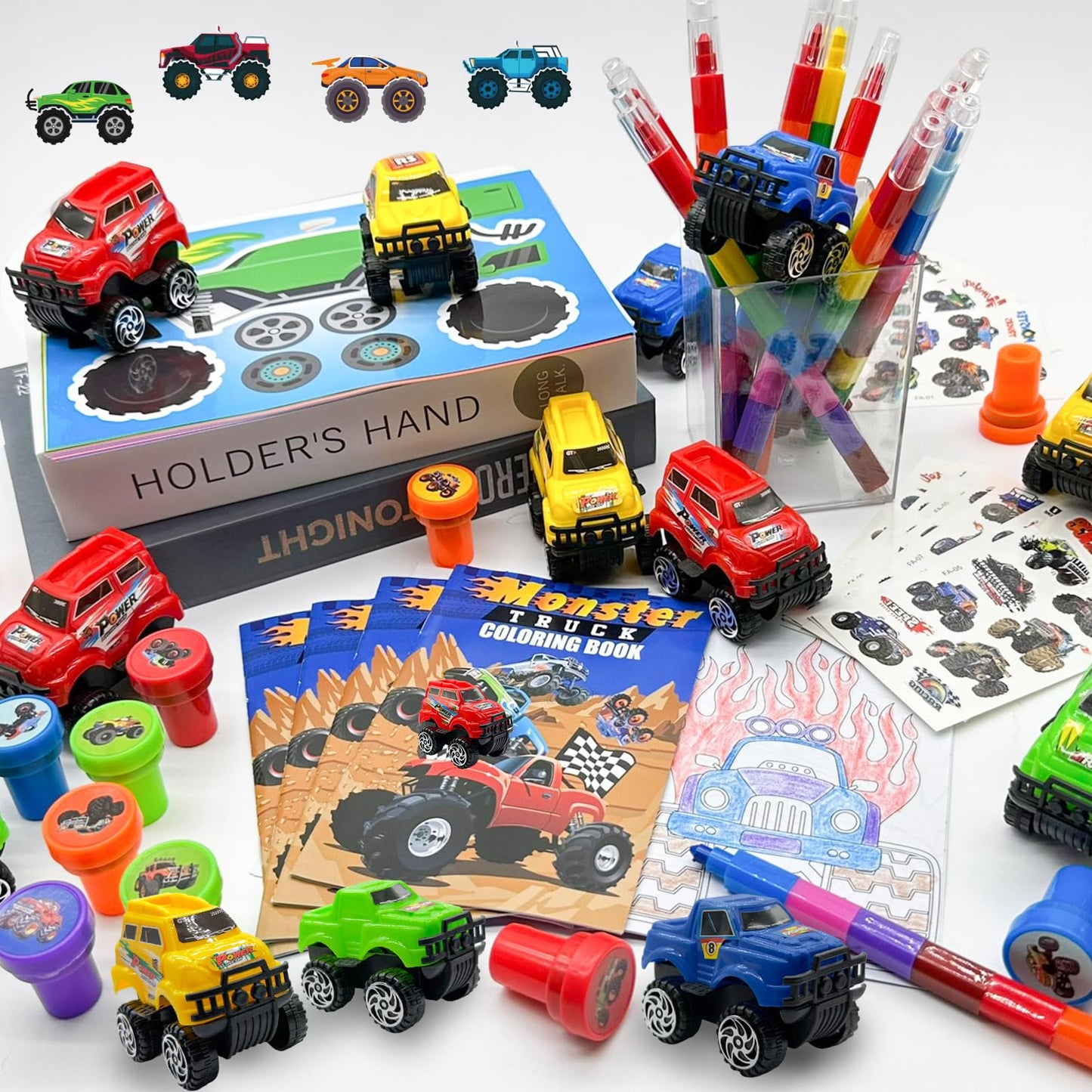 Cinrobiye 72 Pcs Monster Truck Party Favors Bulk, Truck Car Coloring Books with Crayons Stickers Stampers Goodie Bag Fillers, Race Car Birthday Supplies, Wheels Party Pinata Gifts