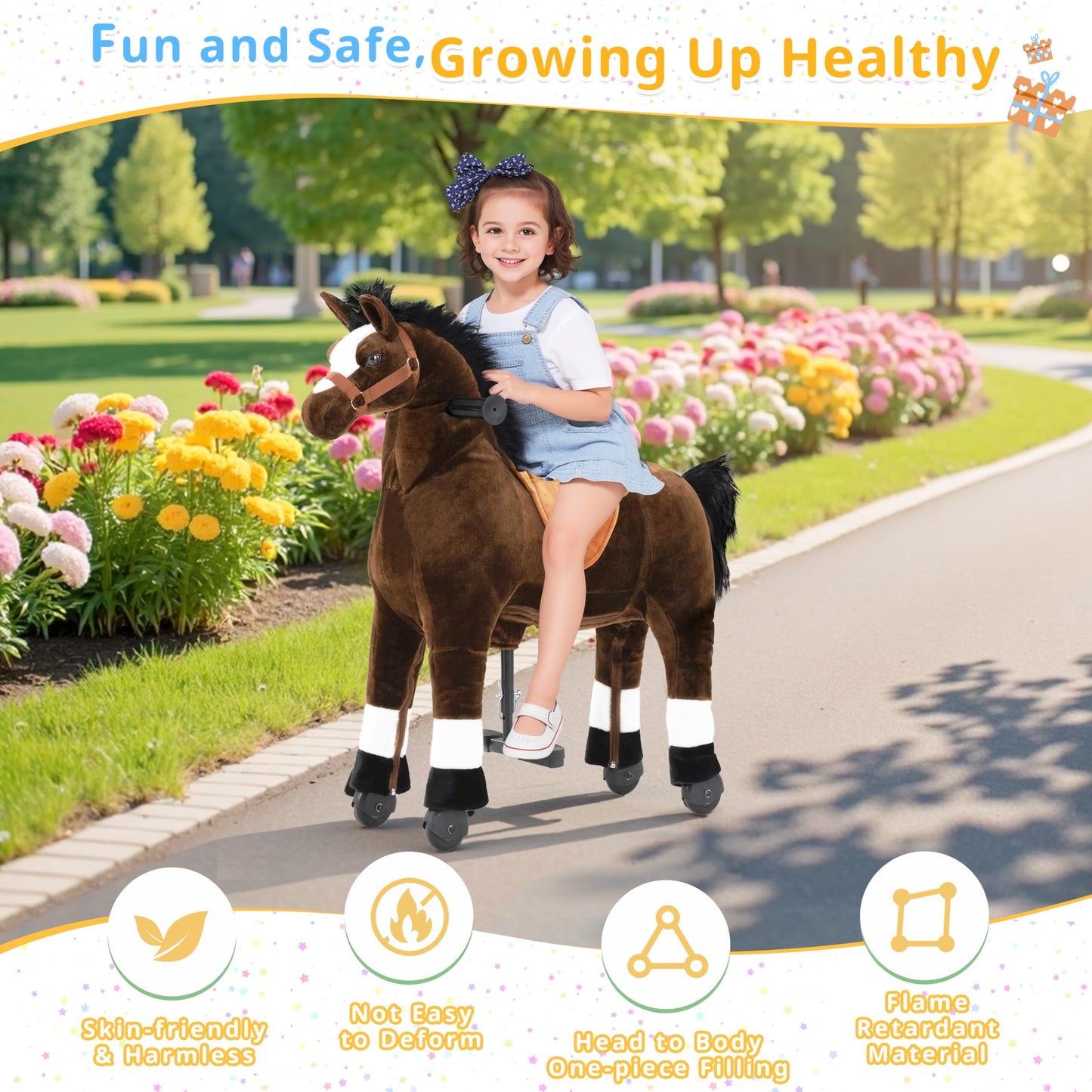 Ride on Horse for Big Kids, Horse Ride on Toy for 4 to 9 Years Old, (35.8'' Height) Riding Horse Rider Mechanical Walking Action Plush Animal, No Battery or Electricity, Max Load 165LBS - Brown