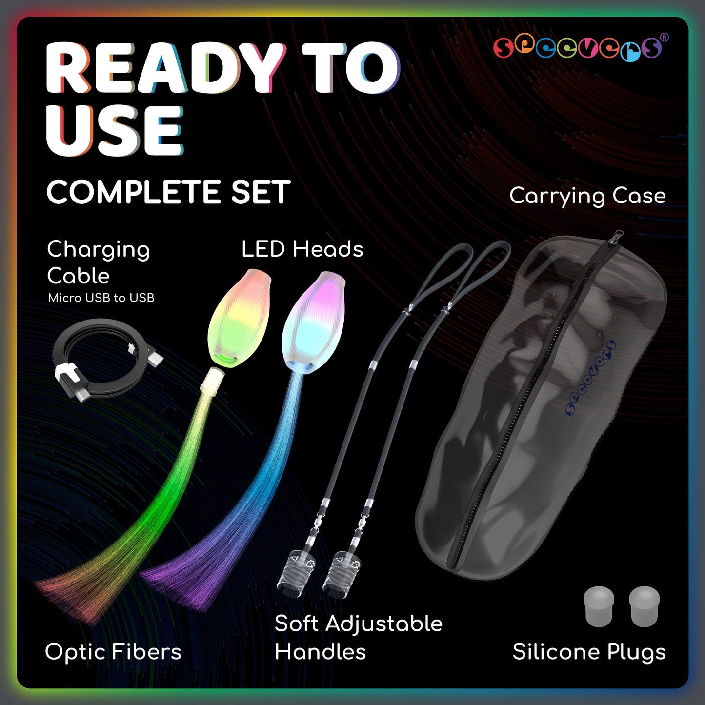 speevers LED Poi Optic Fiber Poi for Professionals - Exciting Light Show and Fast USB Charge - Strobe & Fade Light Programs - LED Prop for Spinners 1 Year Warranty