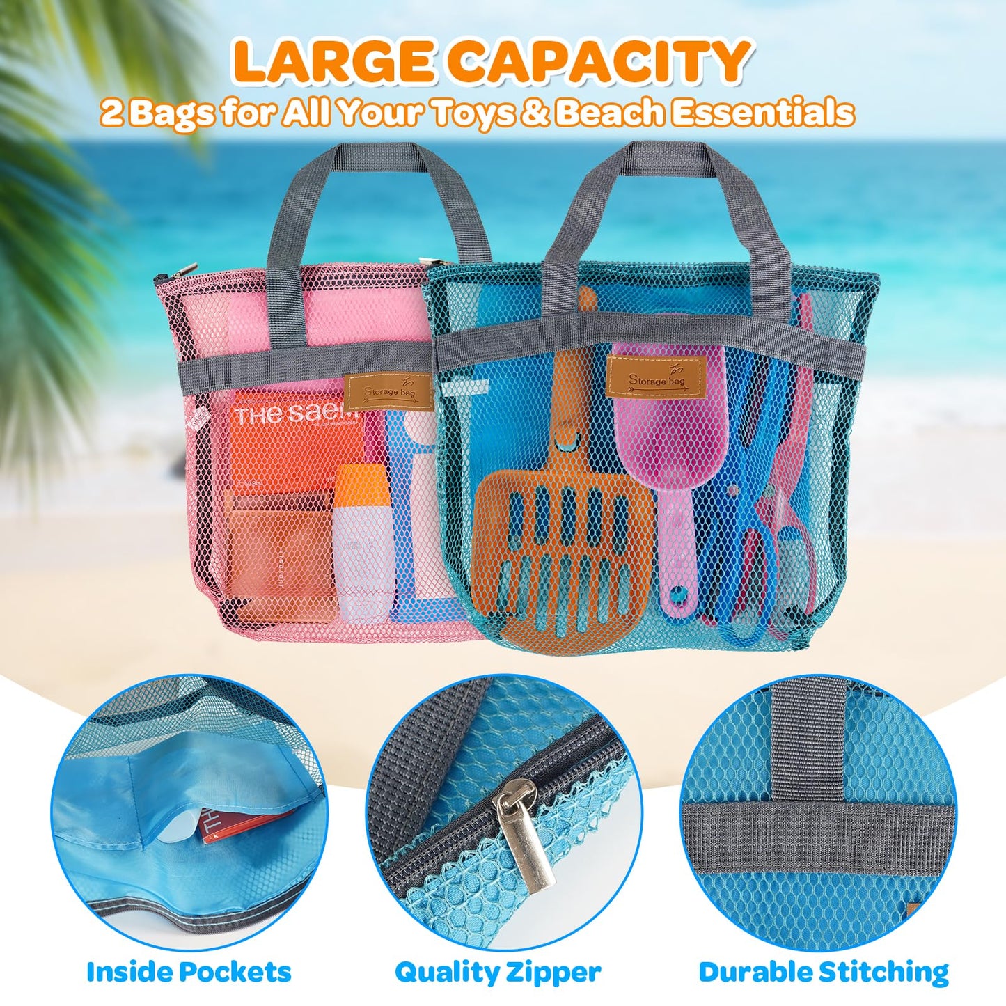 Beach Sand Toy Kids Age 4-8 Sandbox Kits with Mesh Shell Bags, Shovels, Claw Tongs for Shark Teeth Beach Essential Travel Summer Baby Toys for Toddlers Boys & Girls 3 4 5 6（2 Packs）