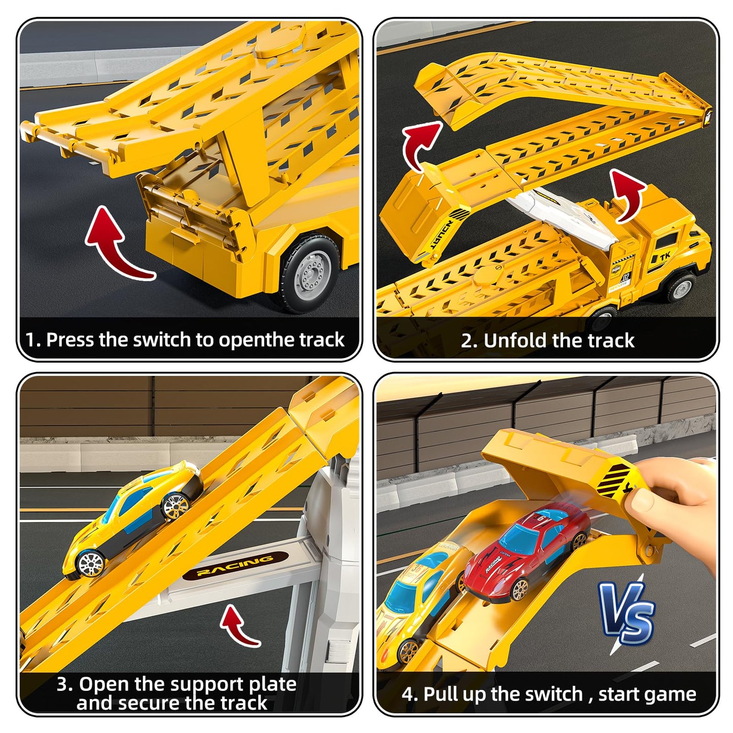 Transport Truck Toys for 3 4 5 6 7 Years Old Boys,Toy Cars Track Set Transporter Trucks with 12 Die-Cast Car Toys 2 Race catapults Dual-Track Model,Toddler Set for Kids Boys Girls,Yellow