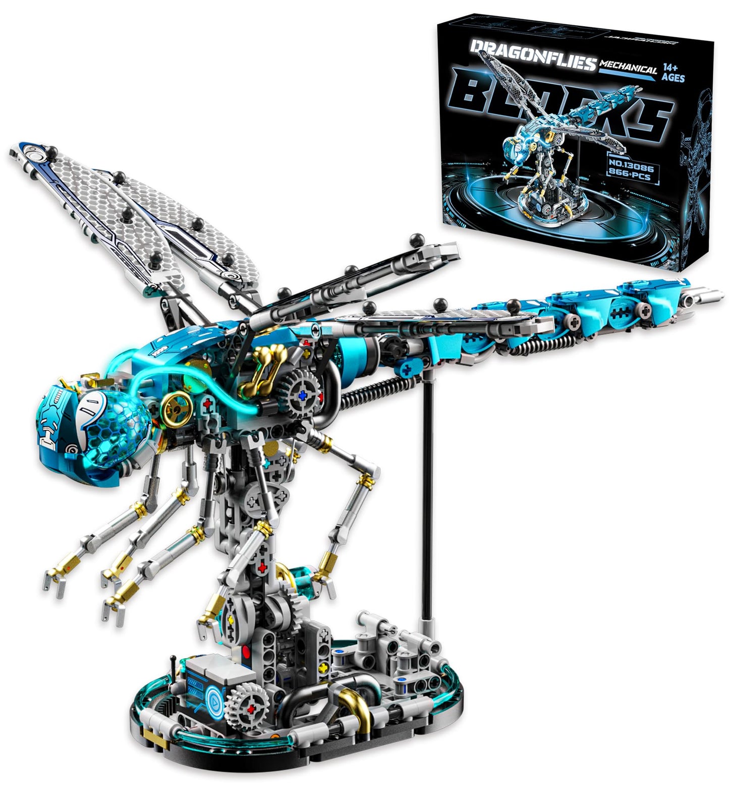 Loyratche Mechanical Dragonfly Building Blocks for Adults, Compatible with Lego, Insect Animal World Model with Light & Display Stand, Educational STEM Toys for Teens Home or Office Décor (866PCS)